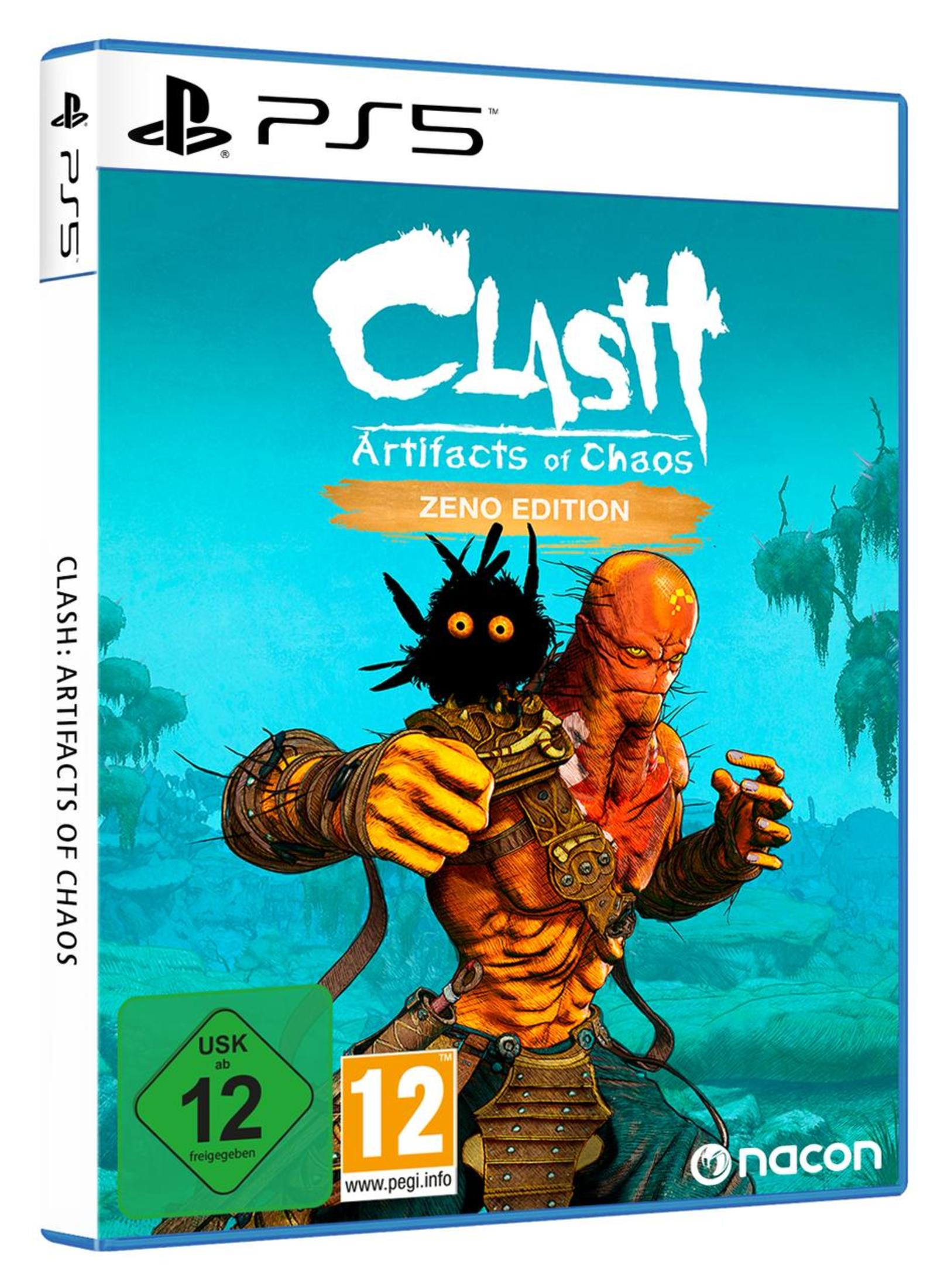 PS5-Spielbox, ein Spiel namens CLASH: Artifacts of Chaos. Zeigt ein Monster.