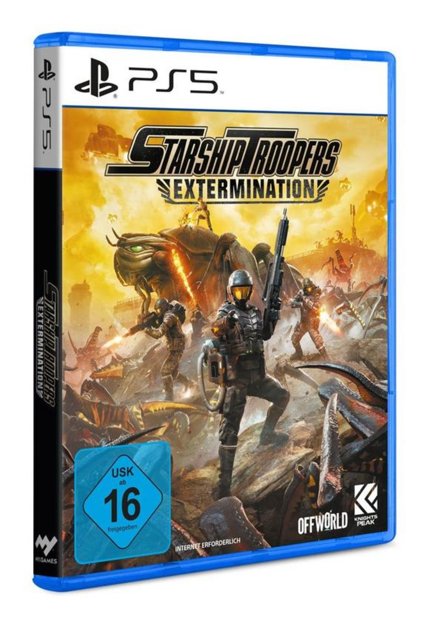 PS5-Spielhülle. Soldaten in Aktion. Insektenartige Kreaturen. Gelbe und orange Farben. Der Titel ist Starship Troopers.