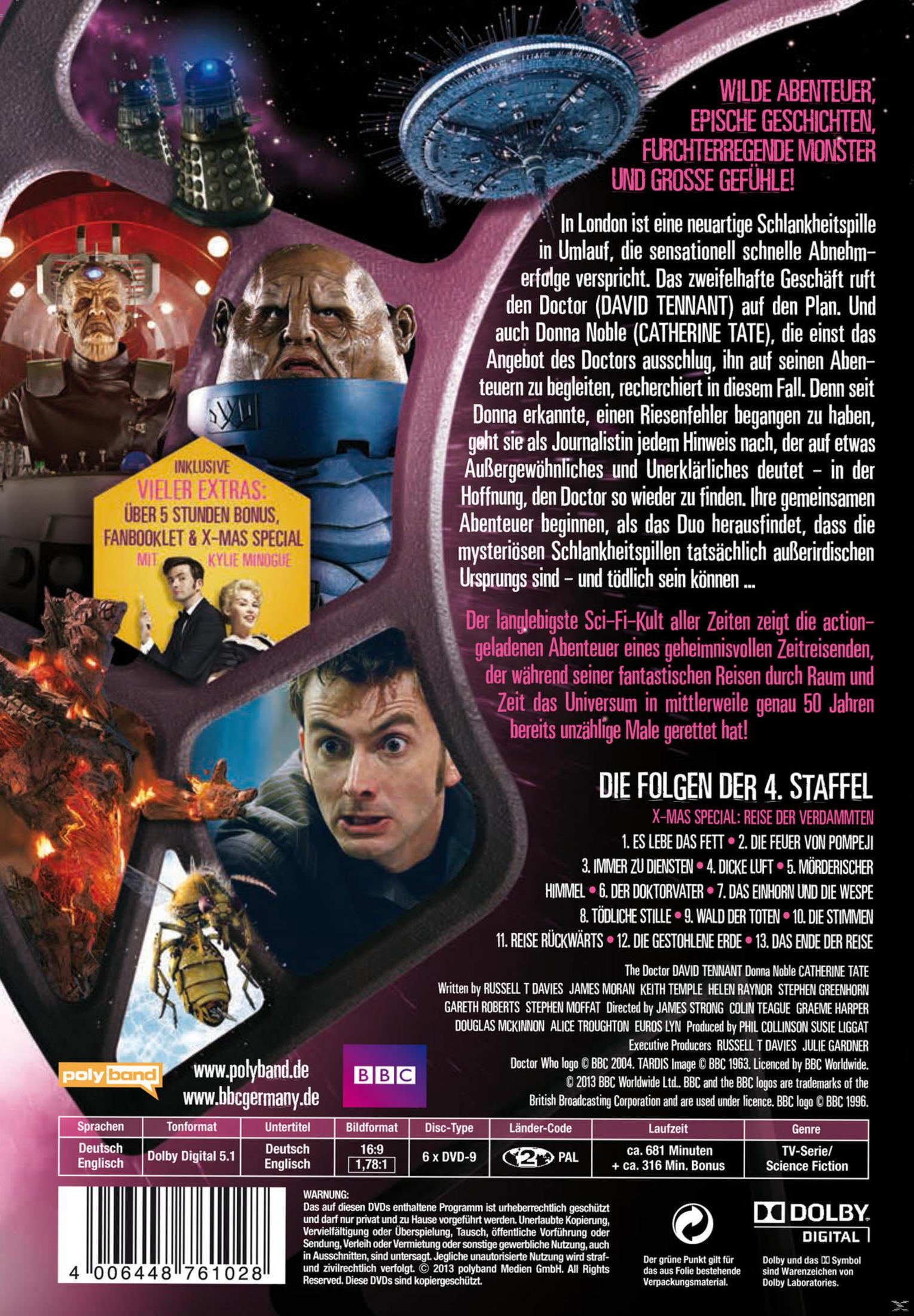 DVD-Rückseite von Doctor Who, Staffel 4, mit verschiedenen Szenenbildern, Texten und technischen Angaben.