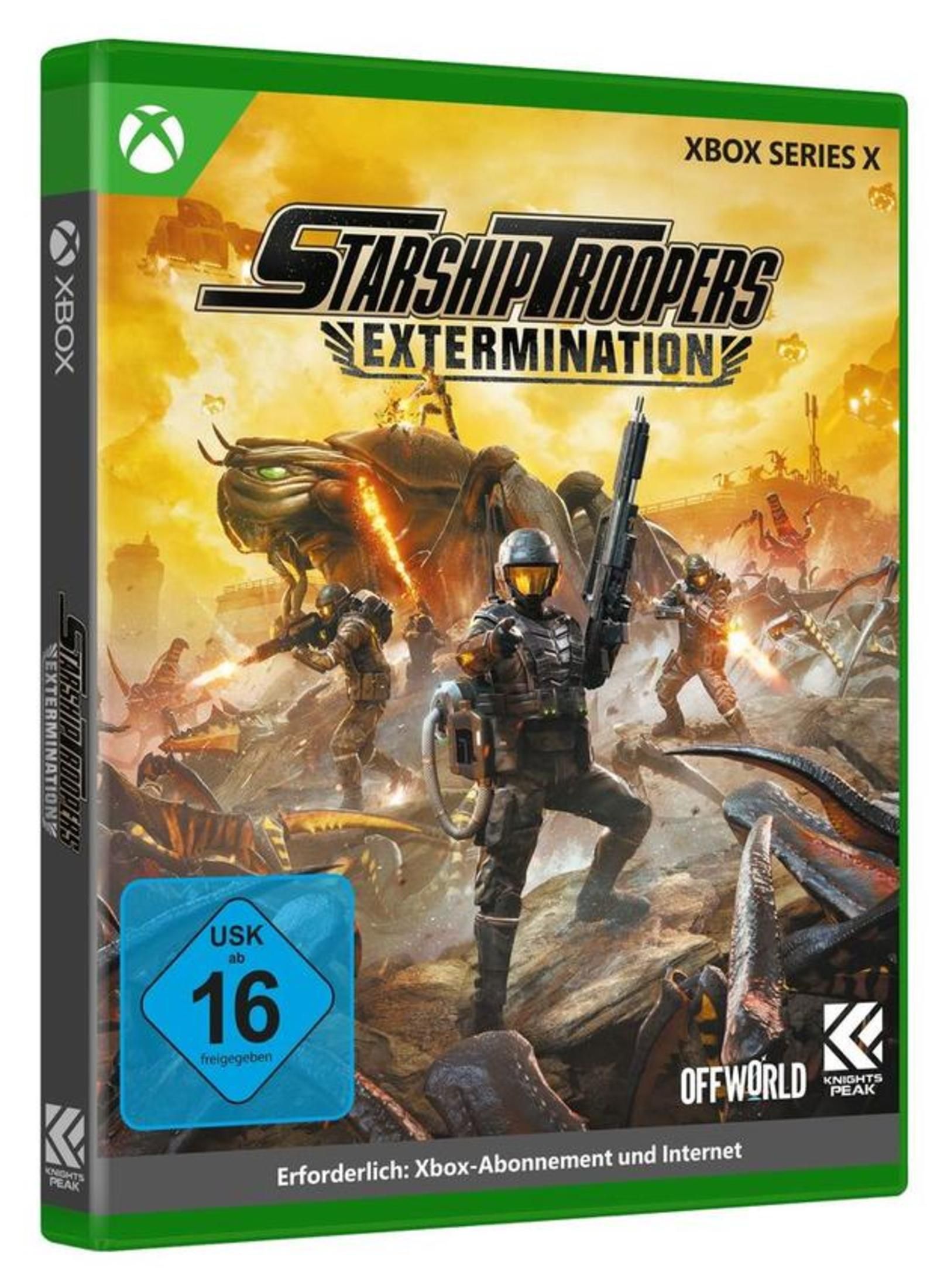 Copertina del gioco Starship Troopers: Extermination. Soldati combattono alieni insettoidi, esplosioni e logo Xbox verde.