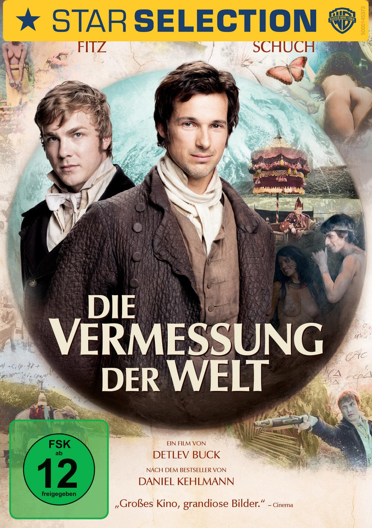 Filmplakat mit zwei Männern, Titel 'Die Vermessung der Welt' und Warner Bros. Logo. Enthält Altersfreigabe.