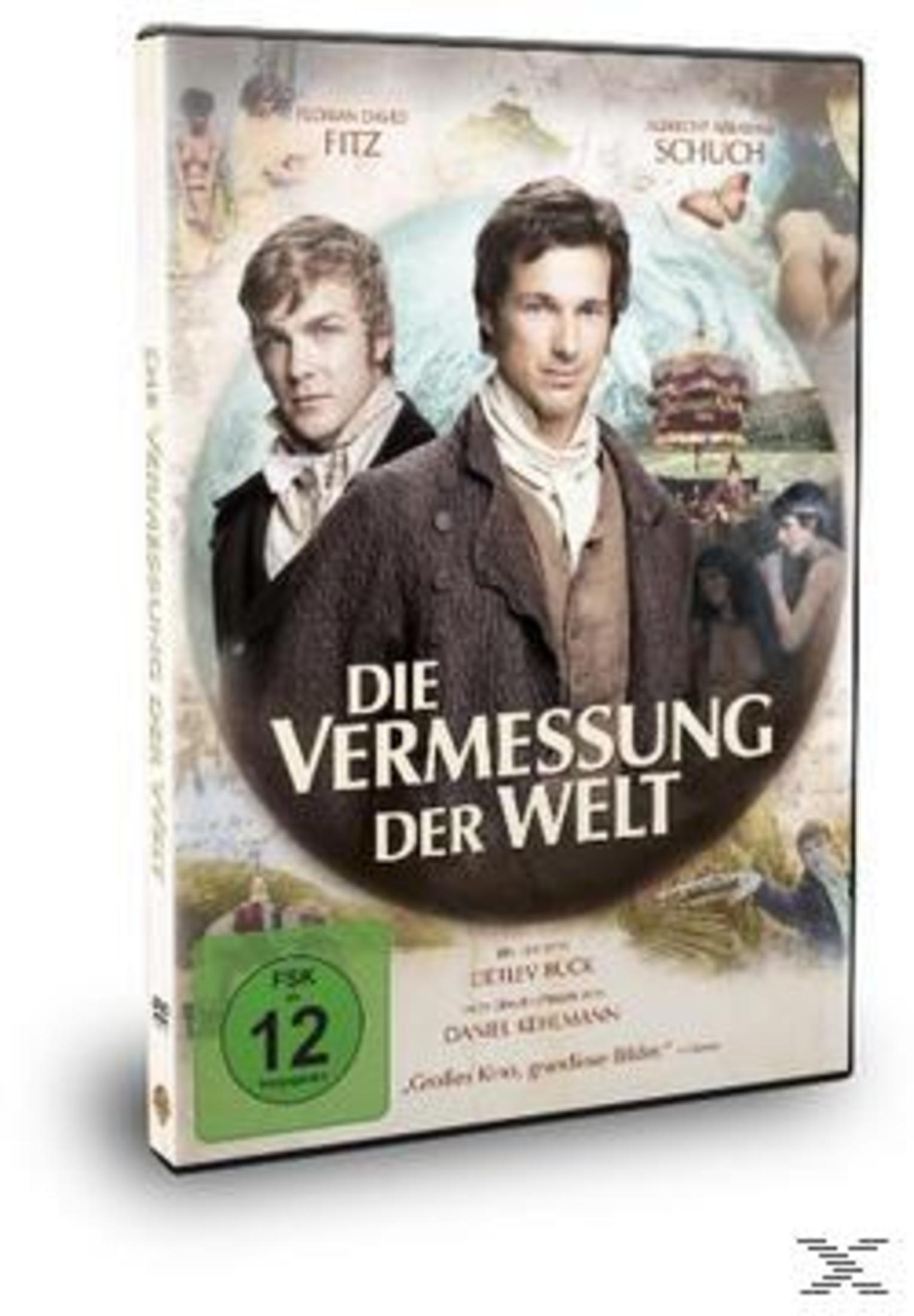 DVD-Cover von 'Die Vermessung der Welt'. Zeigt zwei Männer, Titeltext und grüne '12'-Bewertung. Hintergrund zeigt Szenen.