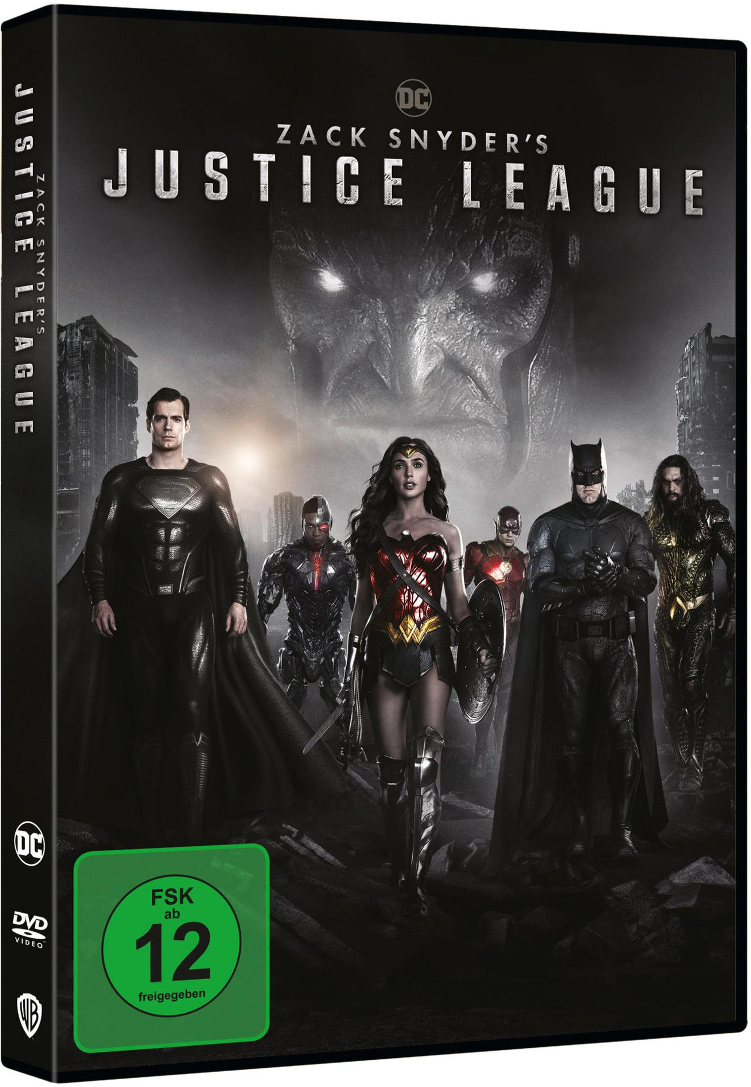 DVD-Cover von Zack Snyder's Justice League mit Superhelden vor einer zerstörten Stadt und Darkseid im Hintergrund.