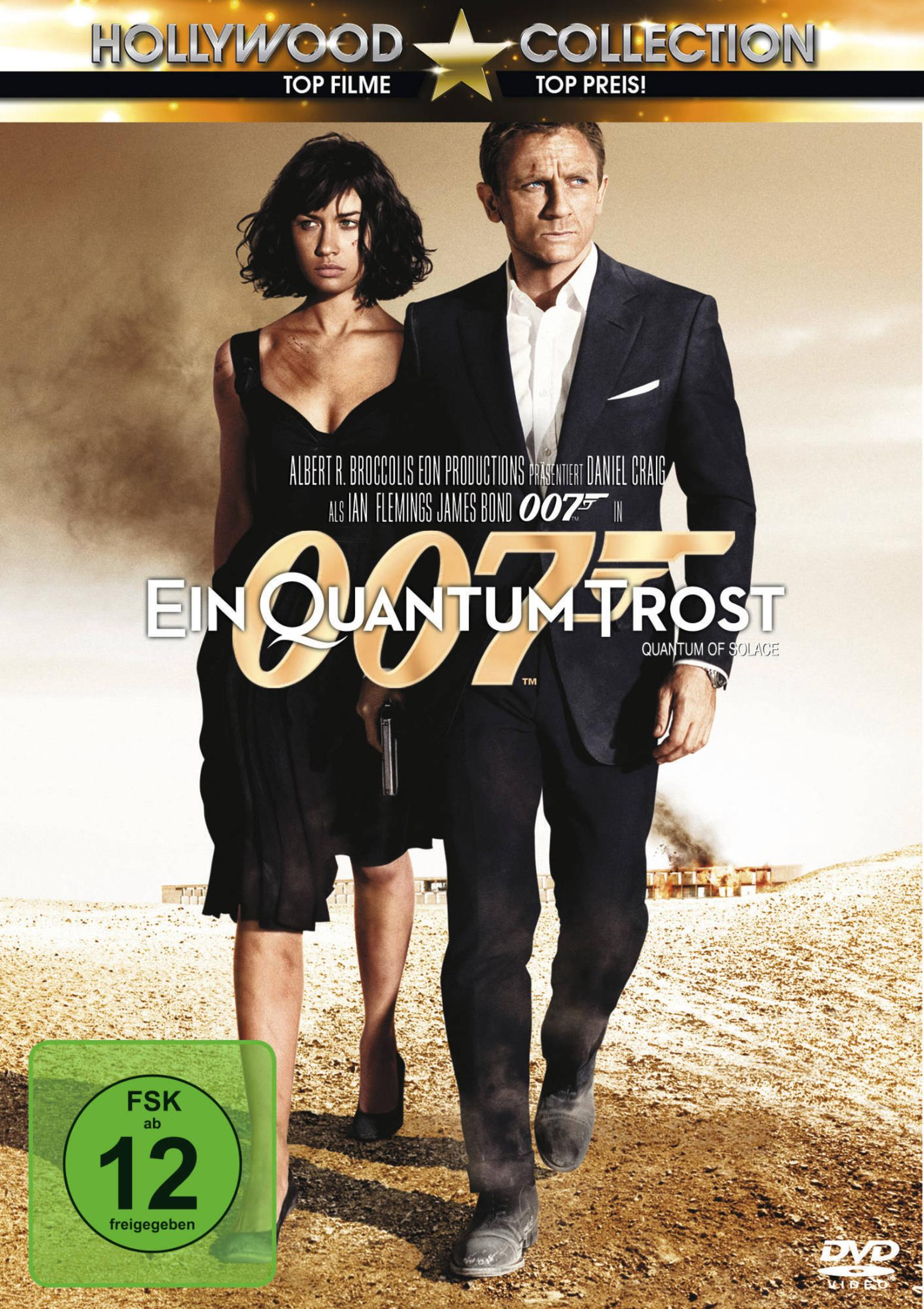 Daniel Craig und Olga Kurylenko auf einem staubigen Feld, mit dem Filmtitel.