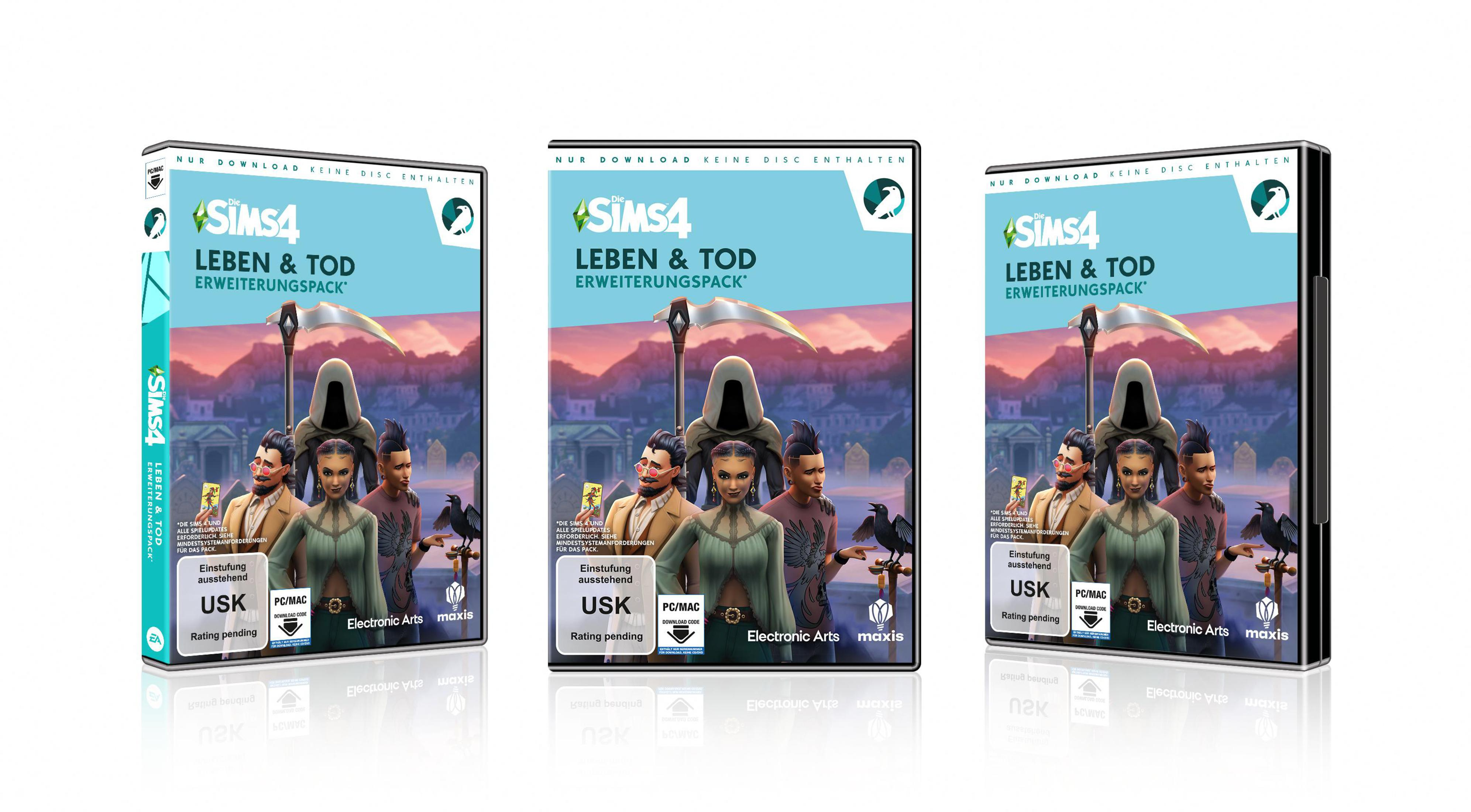 Drei Spielboxen mit dem Titel 'SIMS 4 LEBEN & TOD'. Mit Sims-Charakteren mit dunklem Thema.