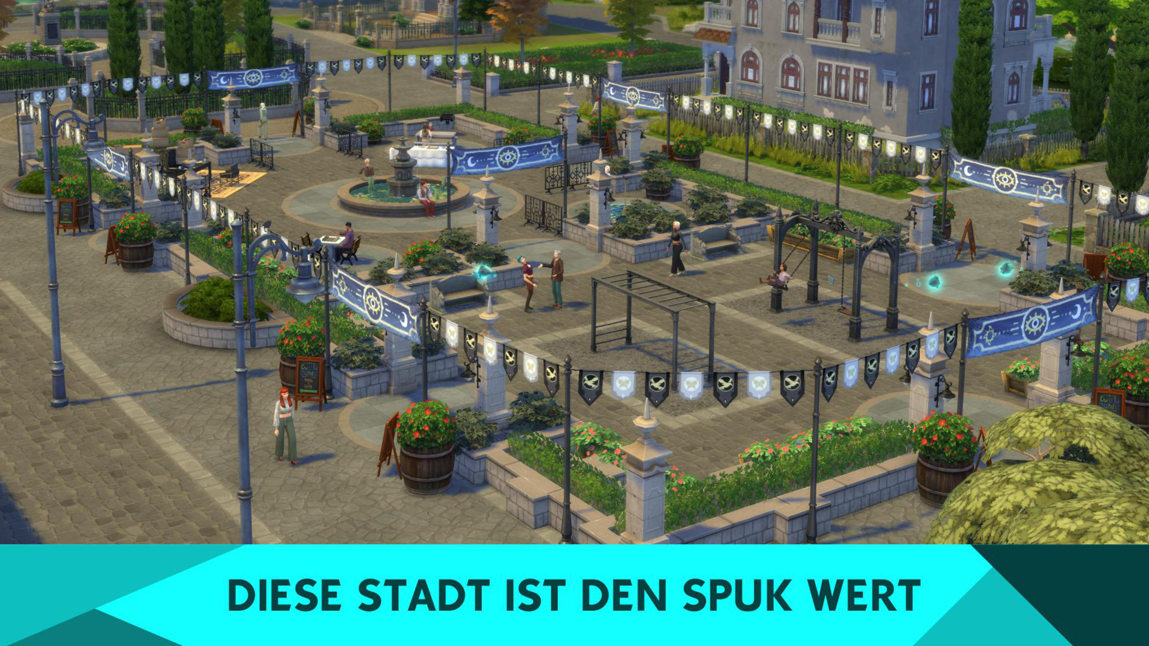 Stadtplatz in einem Videospiel mit Menschen, Fahnen und dem Banner „DIESE STADT IST DEN SPUK WERT“.