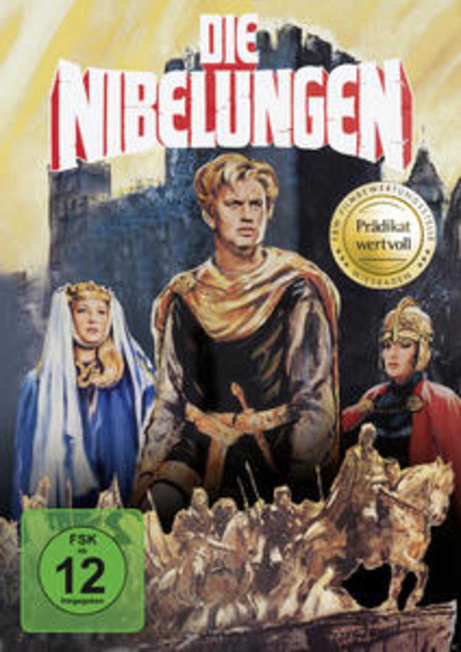 Filmposter von Die Nibelungen mit Helden vor einer Burg.