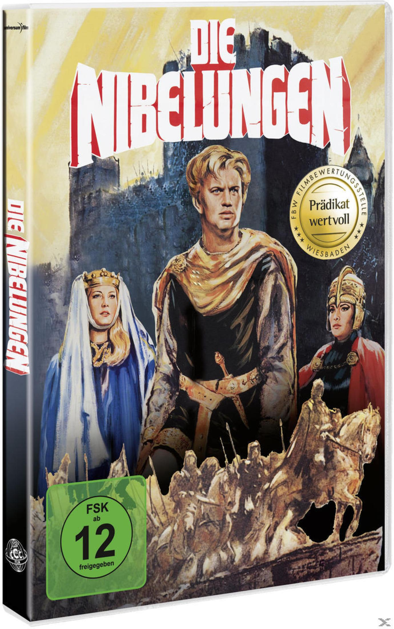 DVD-Cover von Die Nibelungen mit drei historischen Figuren vor einer Burg und Soldaten im Vordergrund.