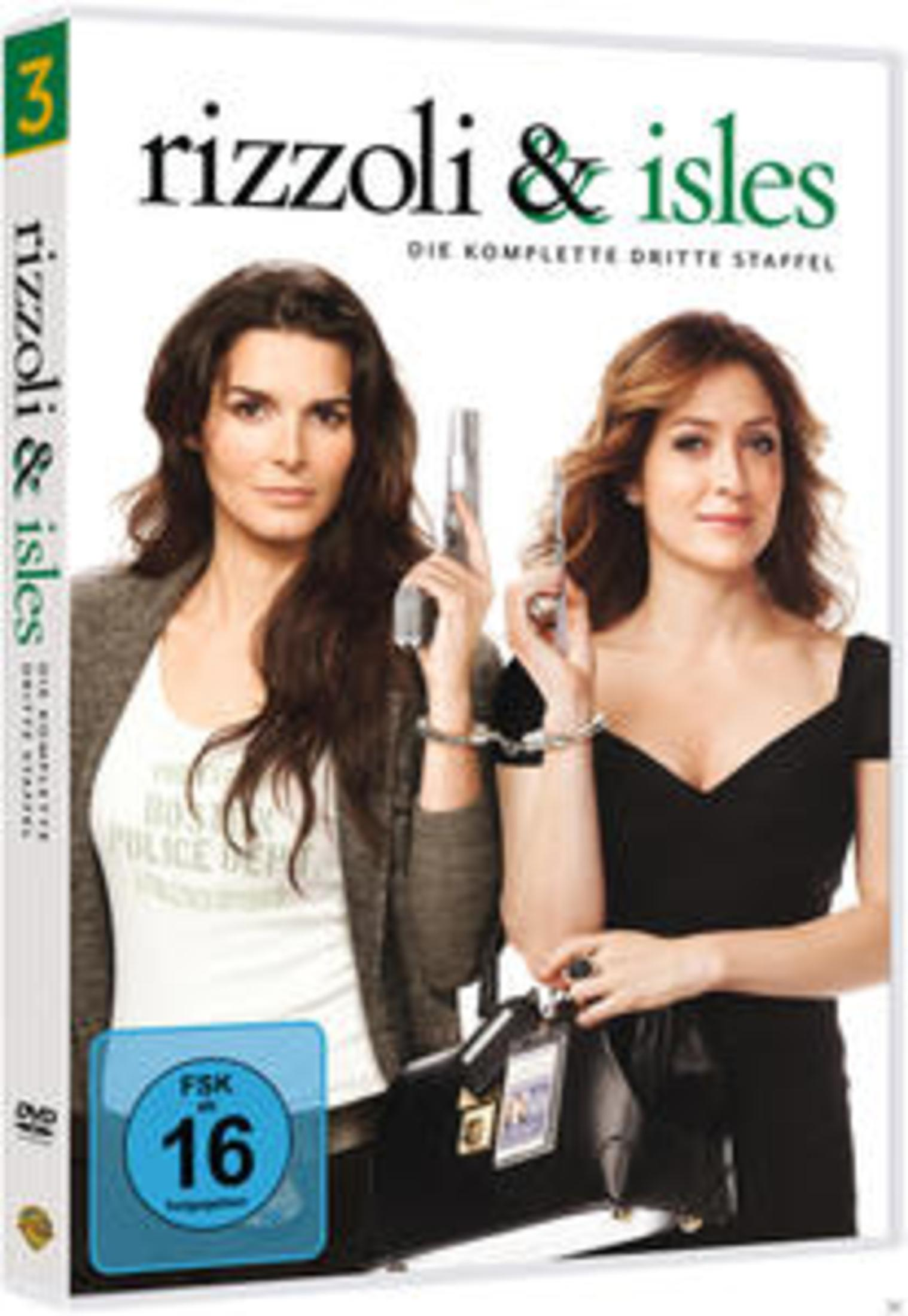 DVD-Hülle der 3. Staffel von Rizzoli & Isles mit zwei Frauen mit Waffen, Handschellen und einer Tasche.
