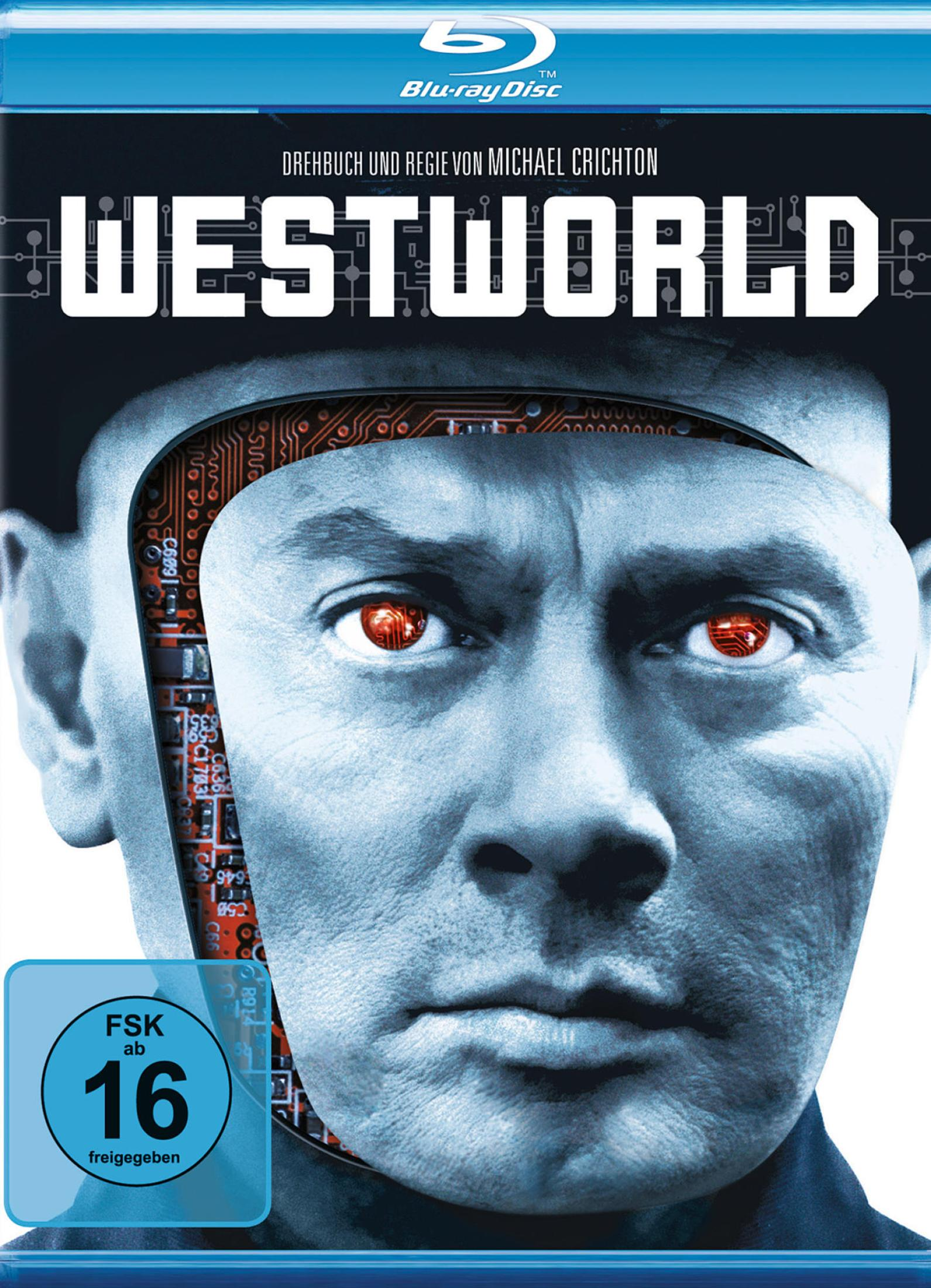 Blu-ray-Cover von Westworld zeigt Yul Brynner als Roboter mit roten Augen und sichtbaren Schaltkreisen.