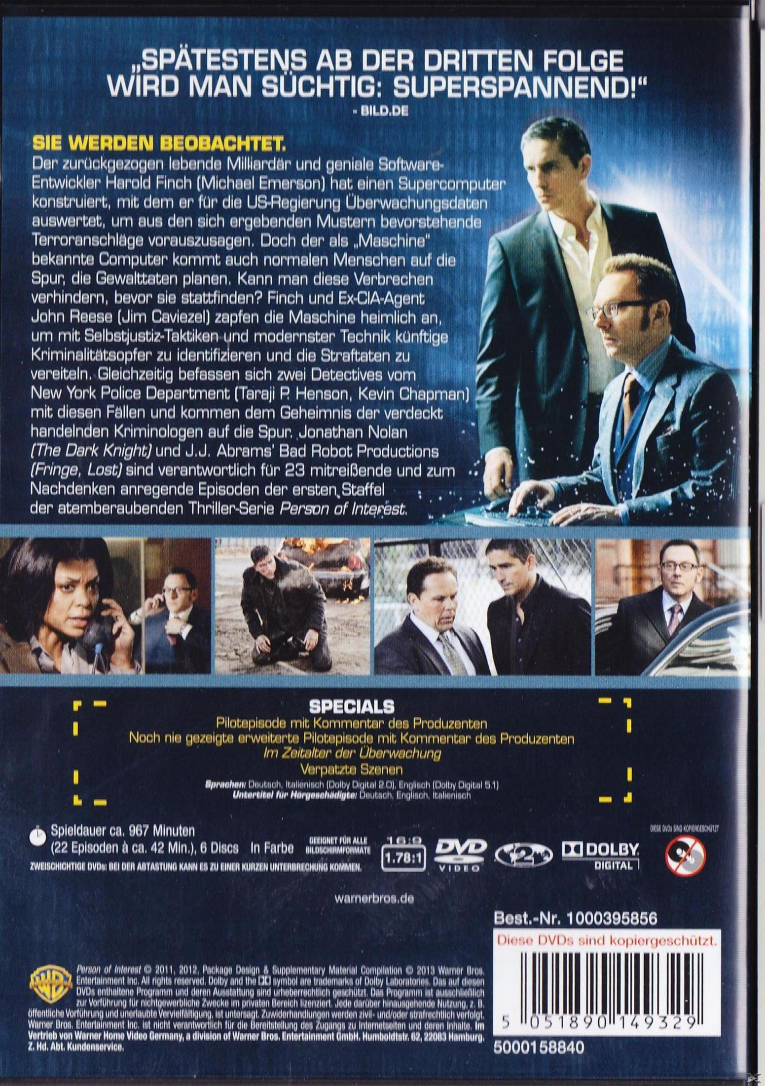 DVD-Rückseite der Serie Person of Interest mit zwei Männern oben und vier Szenenbildern unten.