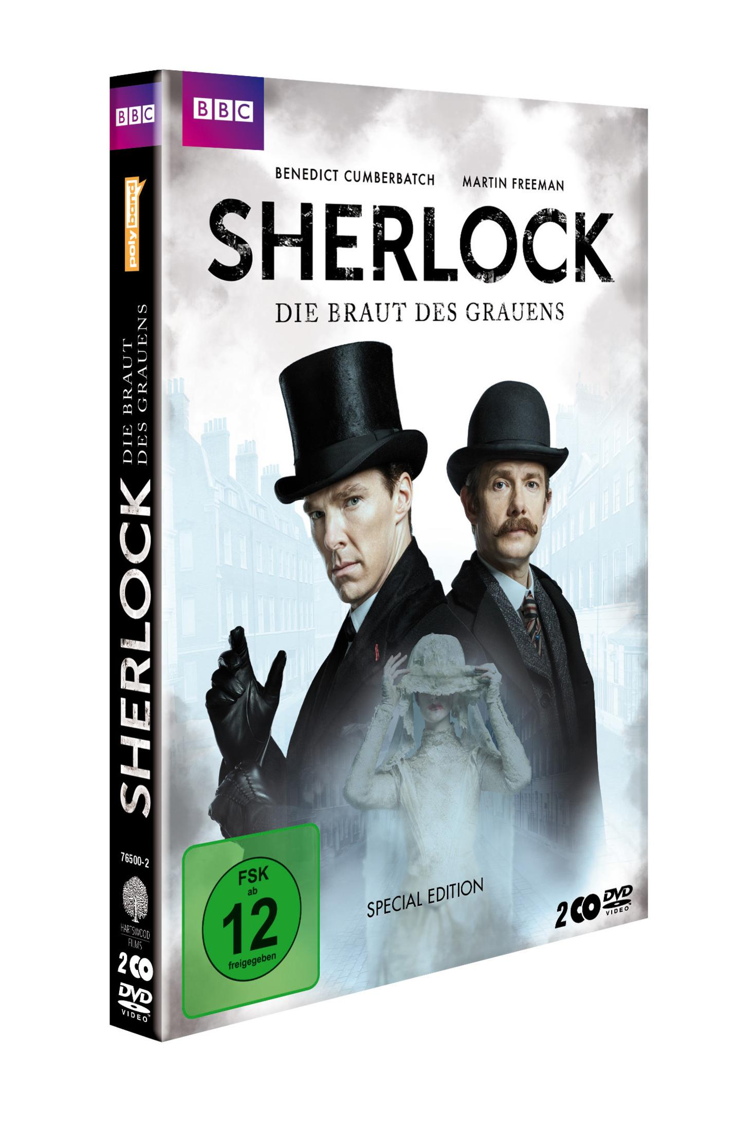 DVD-Cover von Sherlock mit Benedict Cumberbatch und Martin Freeman in historischen Kostümen.
