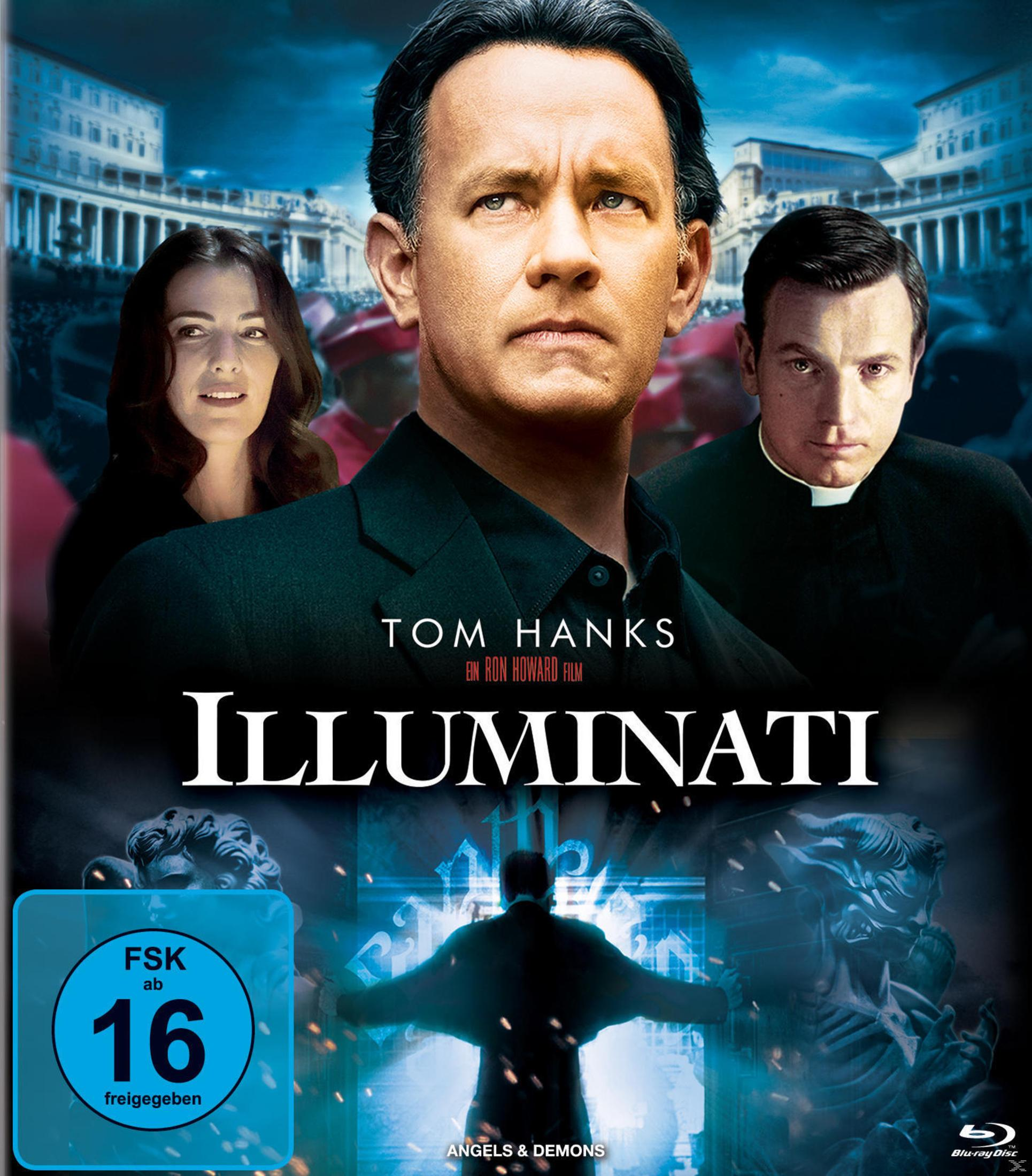 Filmcover: Tom Hanks im Zentrum, Titel: Illuminati. Andere Schauspieler, ein Priester und eine Frau sind auf dem Cover.
