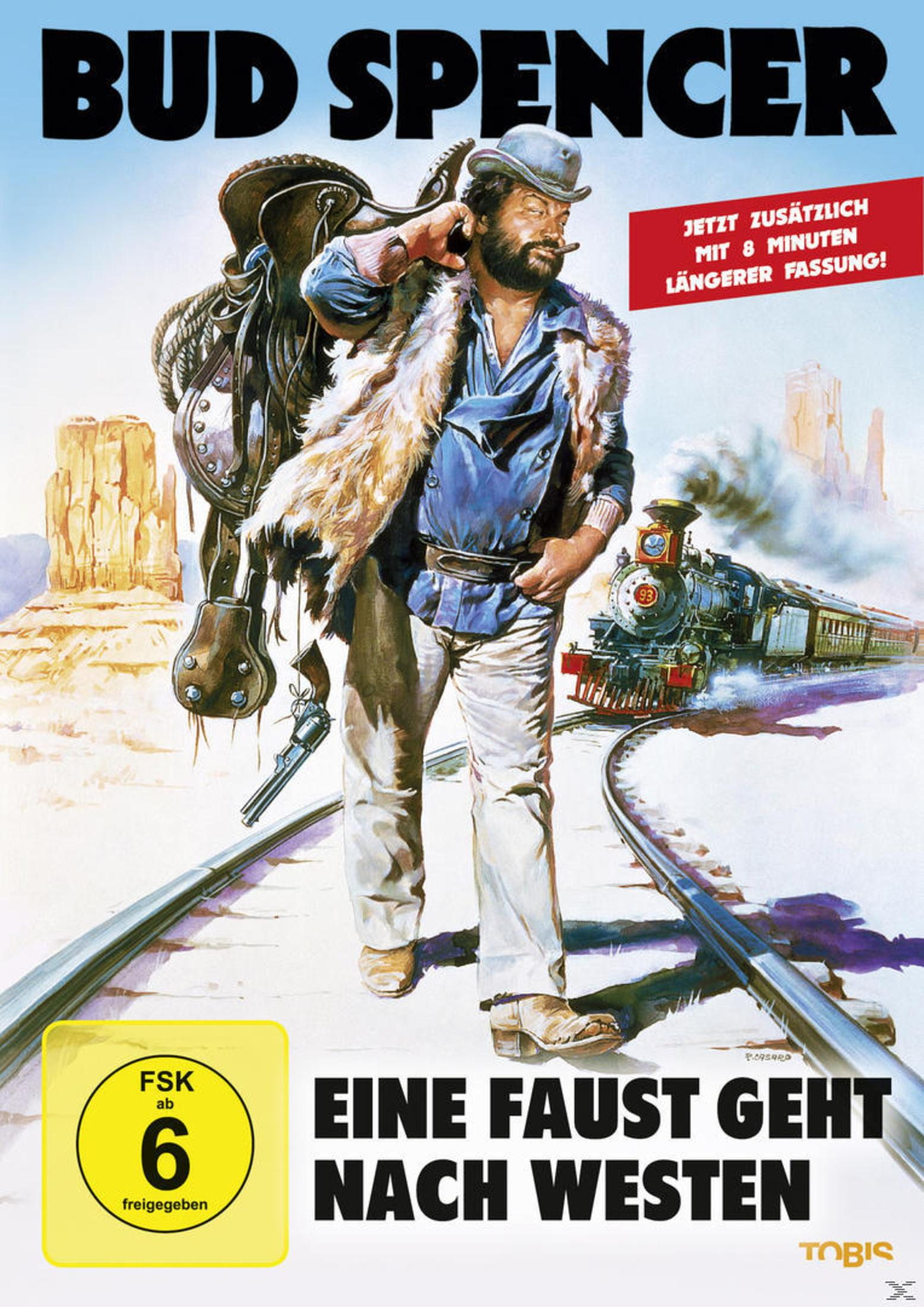 Bud Spencer trägt einen Sattel auf Eisenbahnschienen im Western.