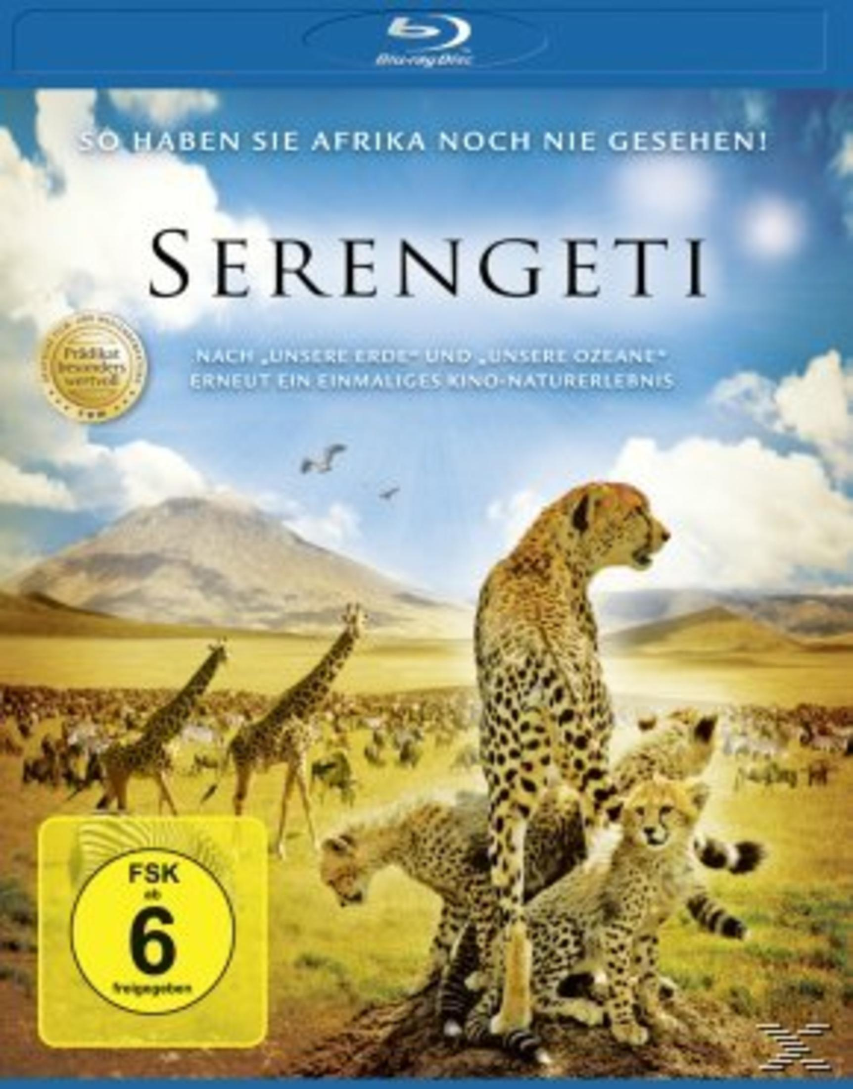 Serengeti DVD-Cover mit Geparden, Giraffen und einer Tierherde. Blauer Himmel im Hintergrund.