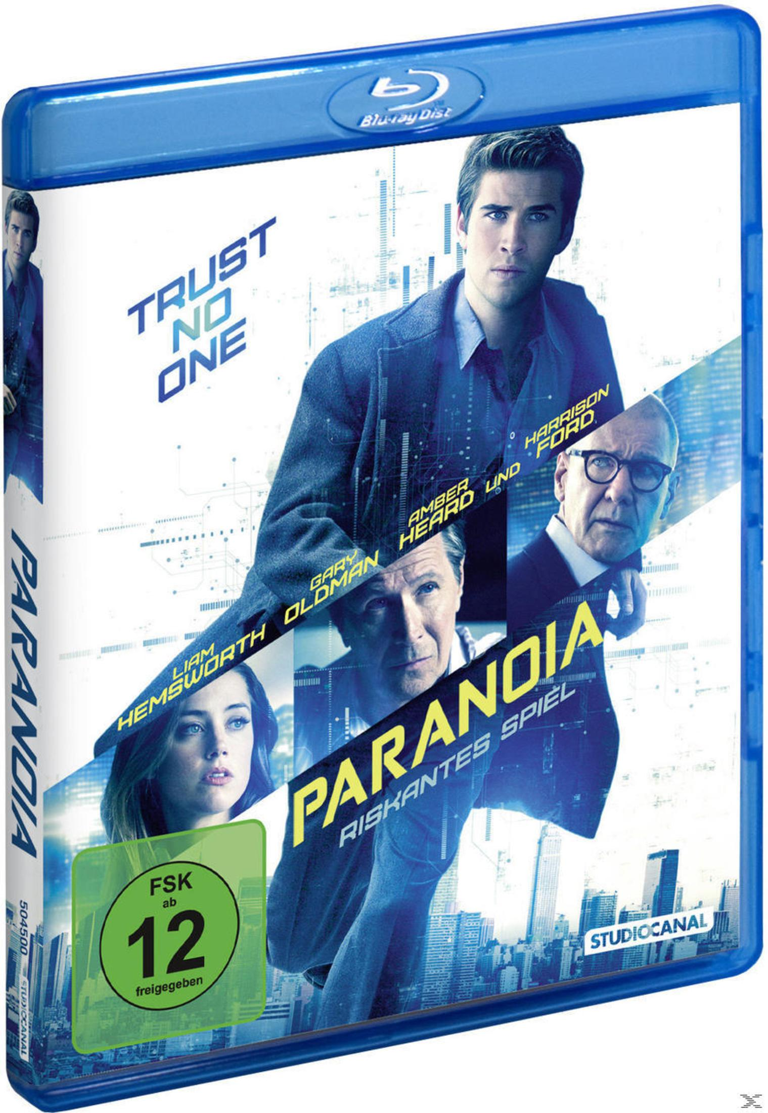Blu-ray-Cover für 'Paranoia' mit Liam Hemsworth und Harrison Ford.