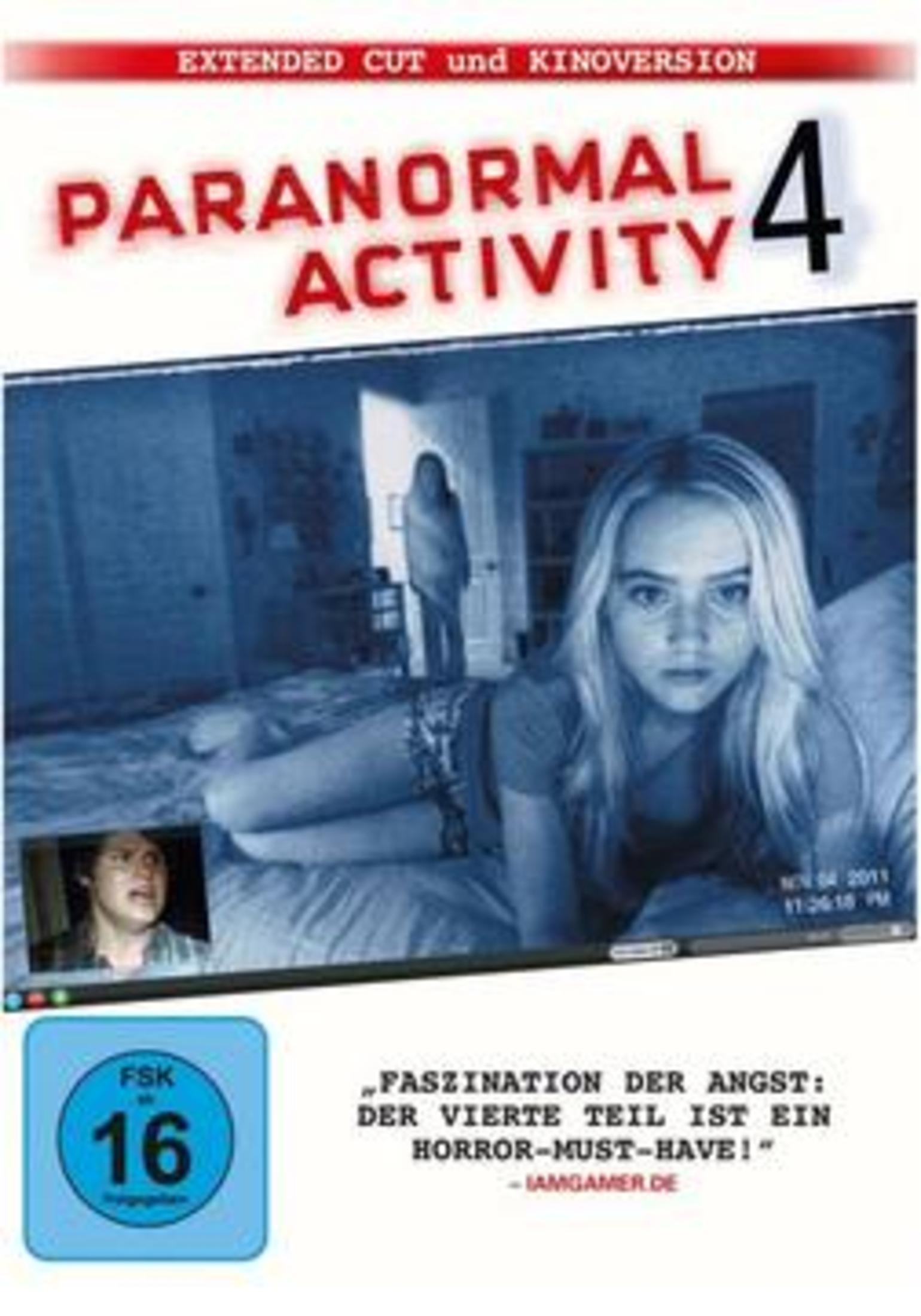 Filmposter für 'Paranormal Activity 4' mit einem Mädchen auf einem Bett und einer Geisterfigur.