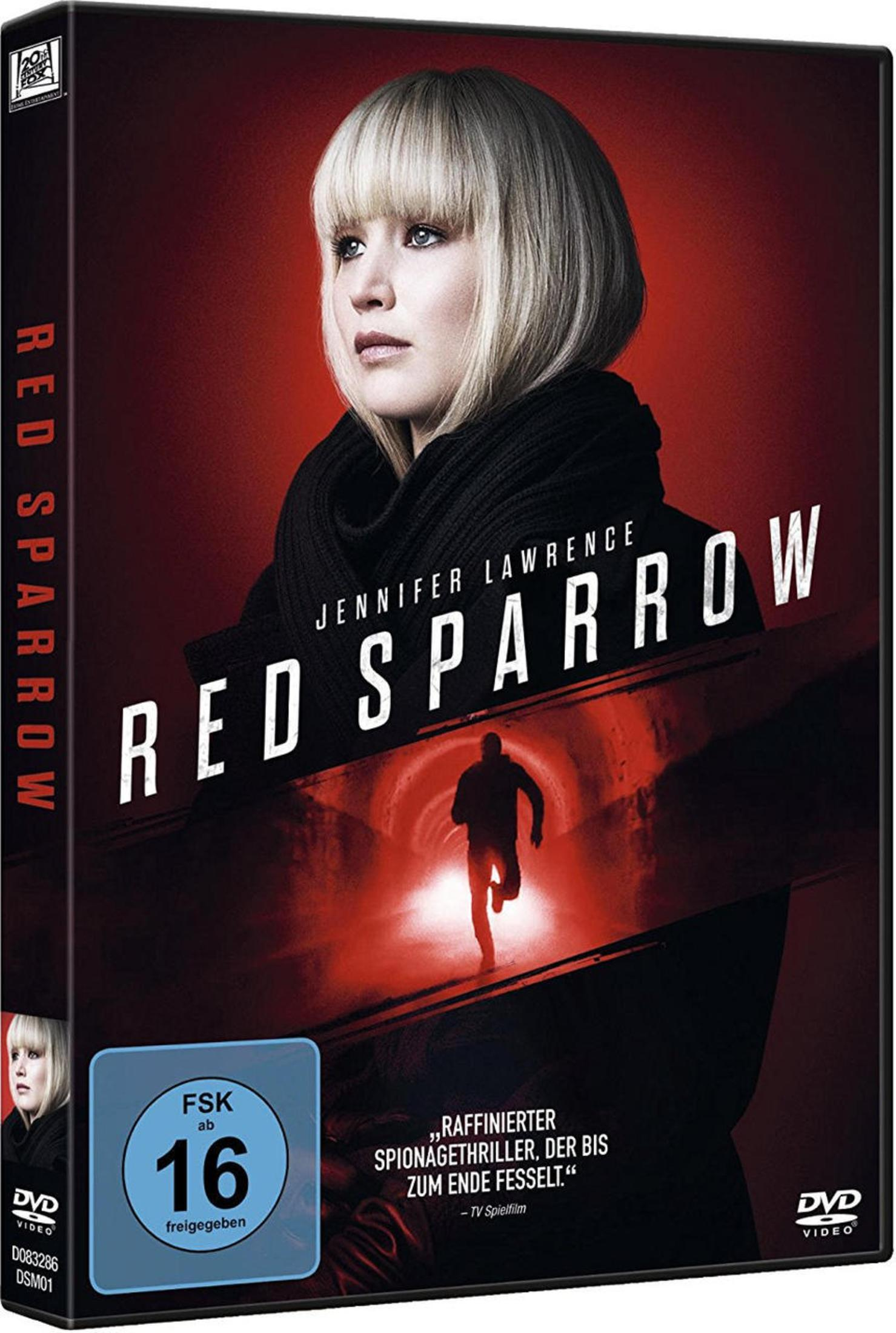 Red Sparrow DVD-Hülle. Jennifer Lawrence auf dem Cover. Roter Hintergrund mit Figur.