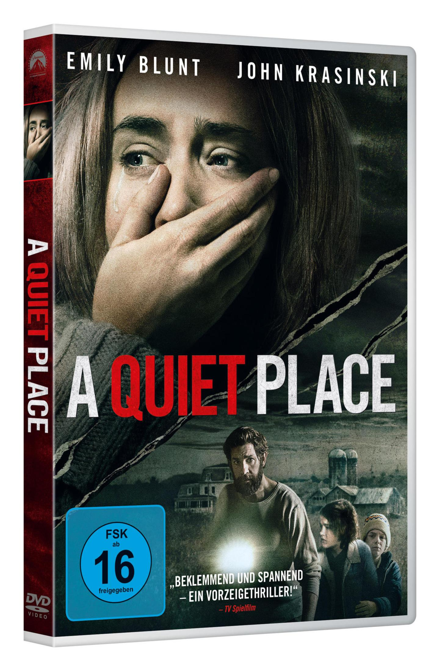 Film-DVD-Cover "A Quiet Place" mit einer Frau, die ihren Mund bedeckt, und Schauspielern unten.