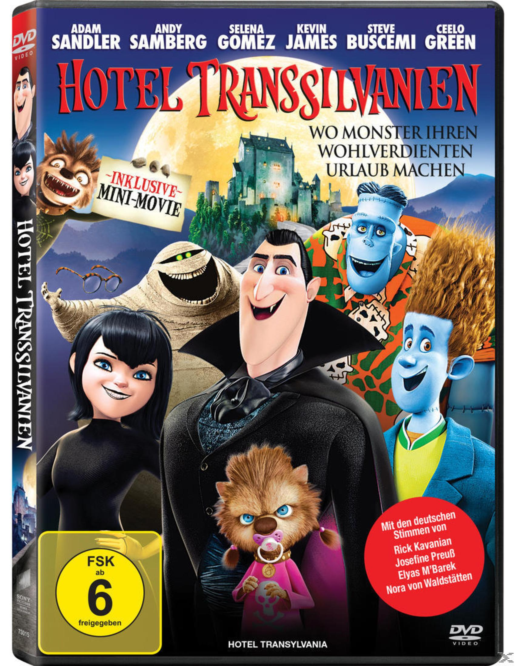 DVD-Cover von 'Hotel Transsilvanien', Zeichentrickfiguren. Helle Farben, ein Monster-Thema.