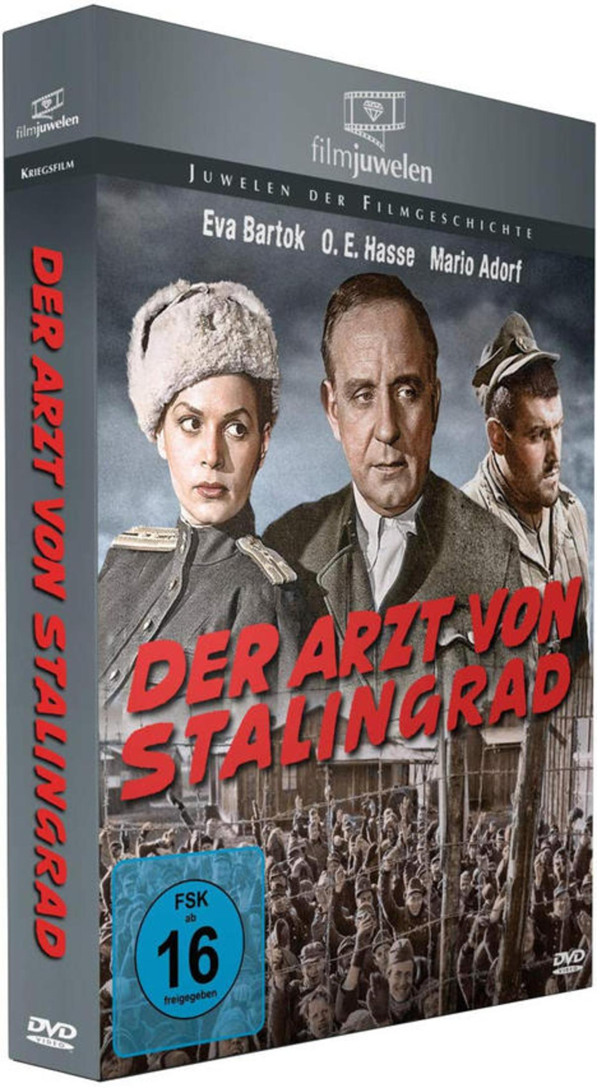 DVD-Hülle des Films Der Arzt von Stalingrad mit drei Schauspielern im Vordergrund und Gefangenen im Hintergrund.