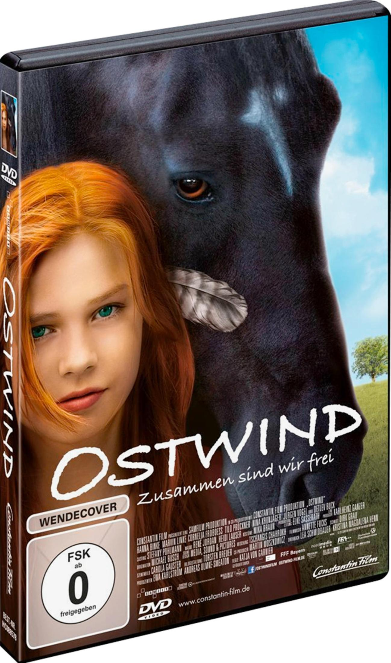 DVD-Cover: Mädchen mit roten Haaren, ein schwarzes Pferd. Titel: OSTWIND. FSK 0 Aufkleber.