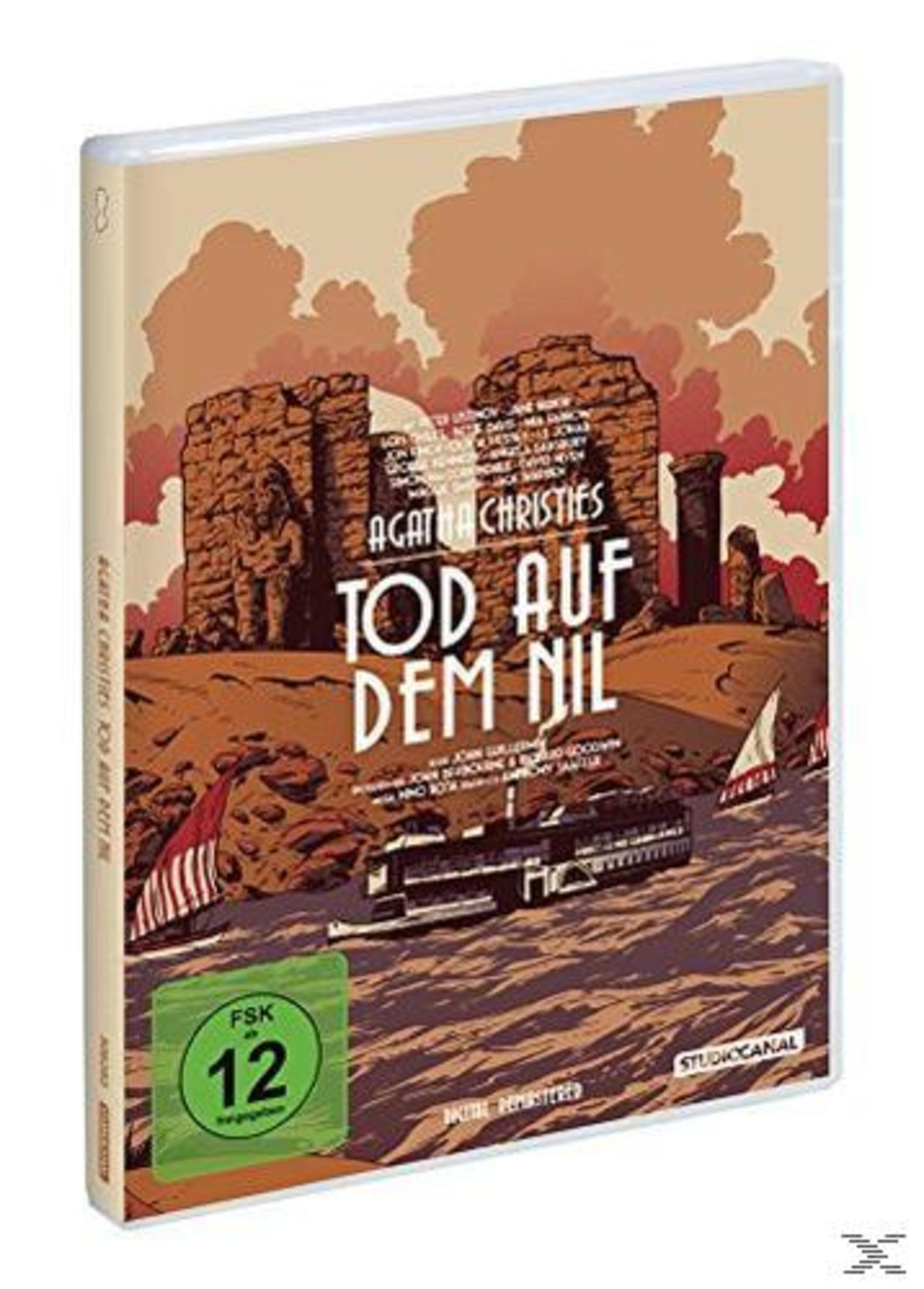 DVD-Hülle mit dem Cover von Agatha Christies 'Tod auf dem Nil' im Retro-Comic-Stil mit einem Dampfer auf dem Fluss.