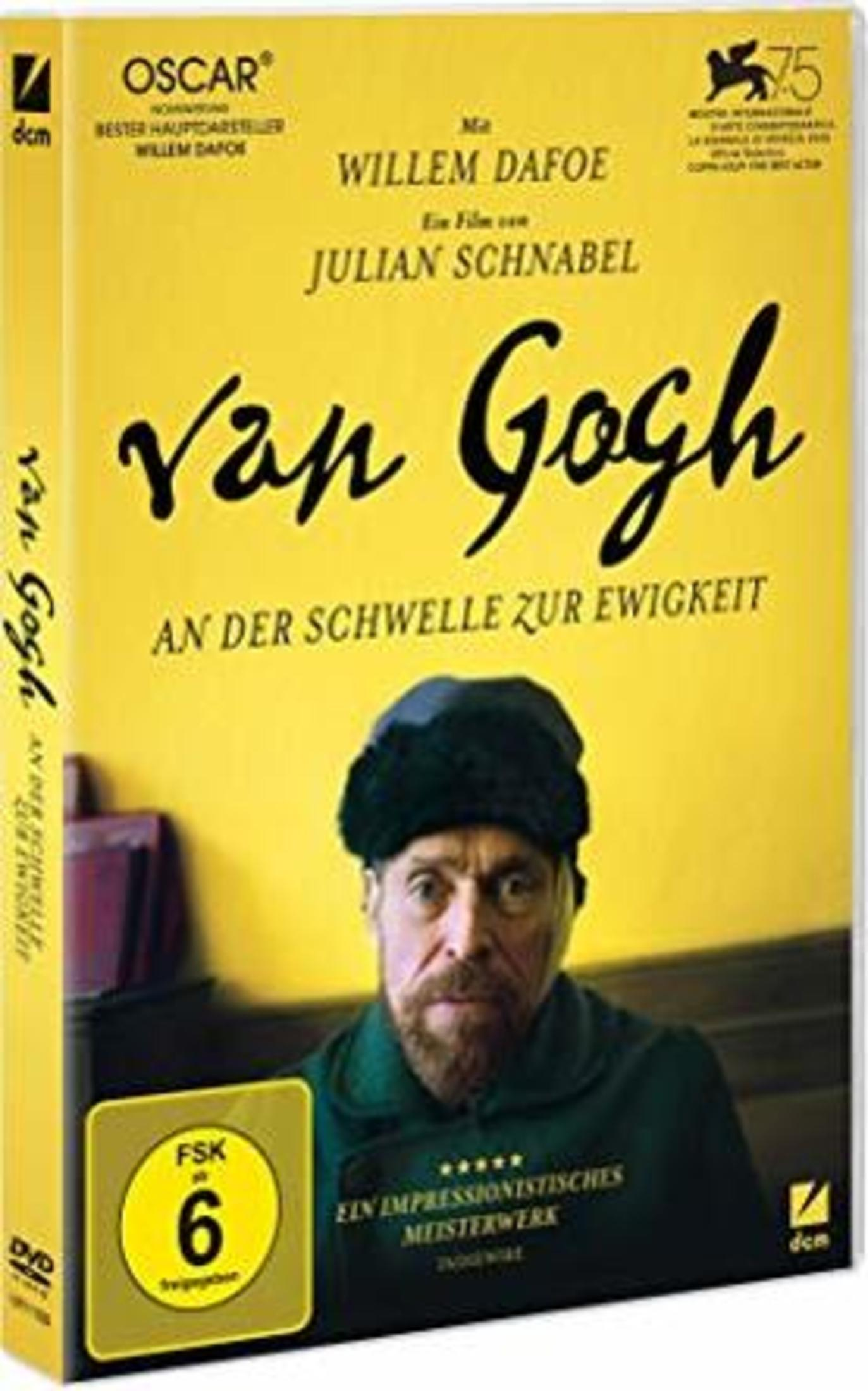 DVD-Cover des Films Van Gogh - An der Schwelle zur Ewigkeit mit Willem Dafoe vor gelbem Hintergrund.