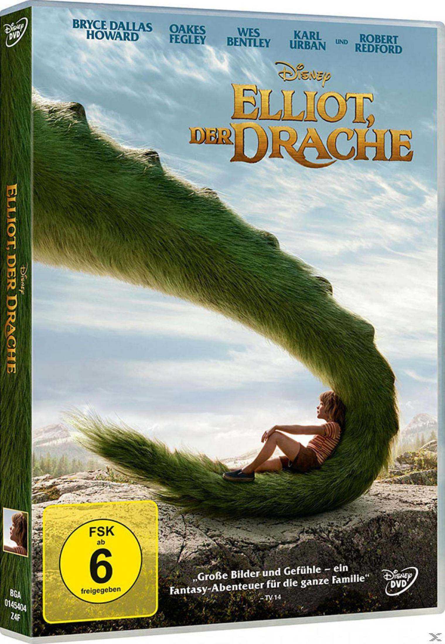 DVD-Cover von Elliot der Drache mit einem Kind, das im felligen grünen Drachenschwanz sitzt.