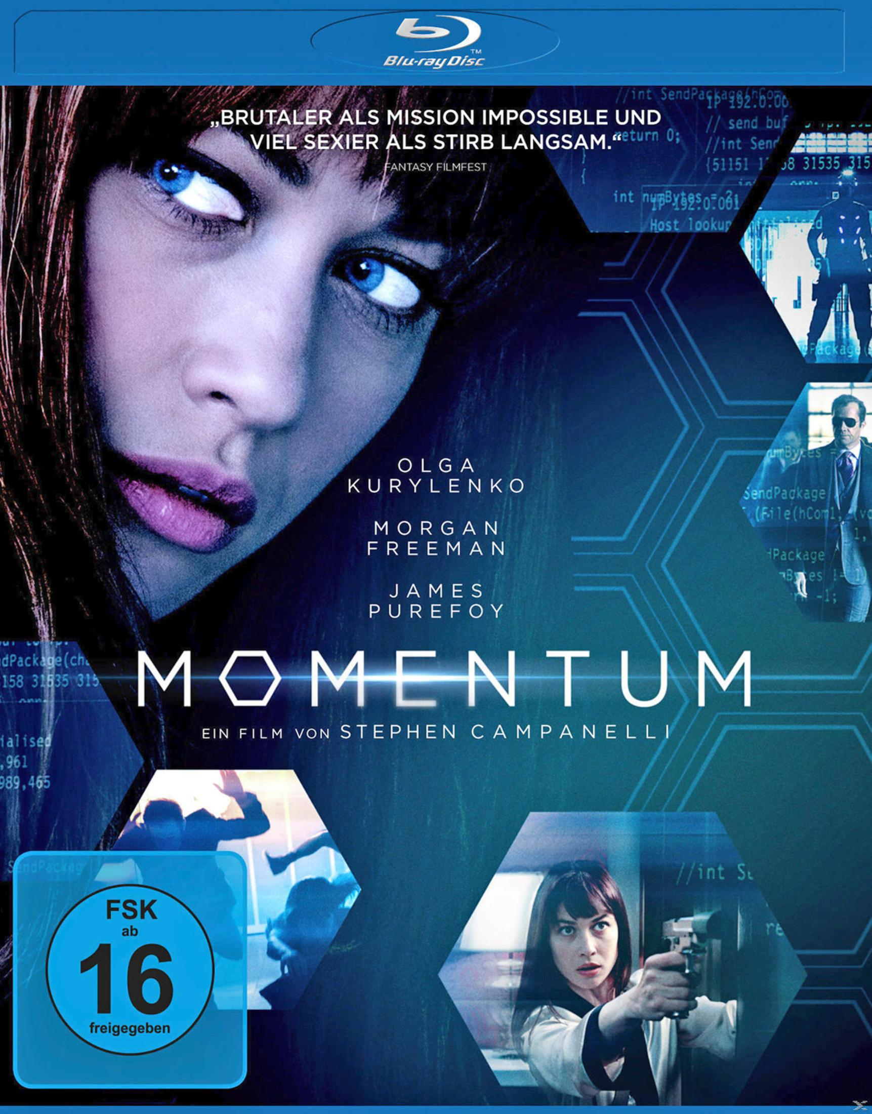 Blu-ray-Cover für den Film „Momentum“ mit einer Frau, einer Waffe und einer Nahaufnahme eines Gesichts.