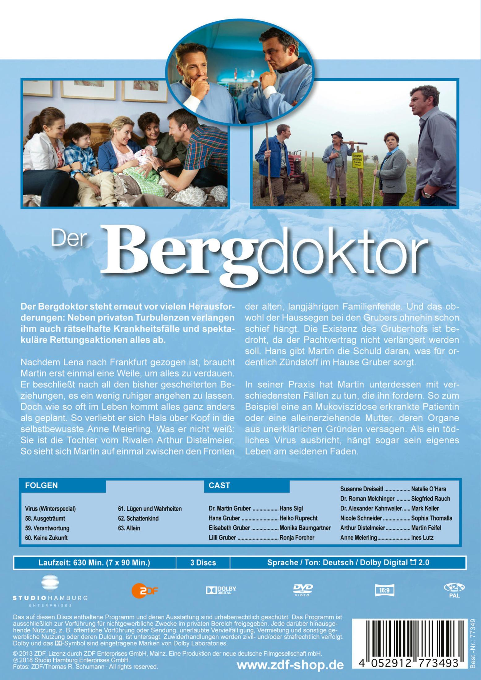 DVD-Cover von Der Bergdoktor mit Szenenbildern, Beschreibung, Episoden- und Besetzungsliste sowie technischen Daten.