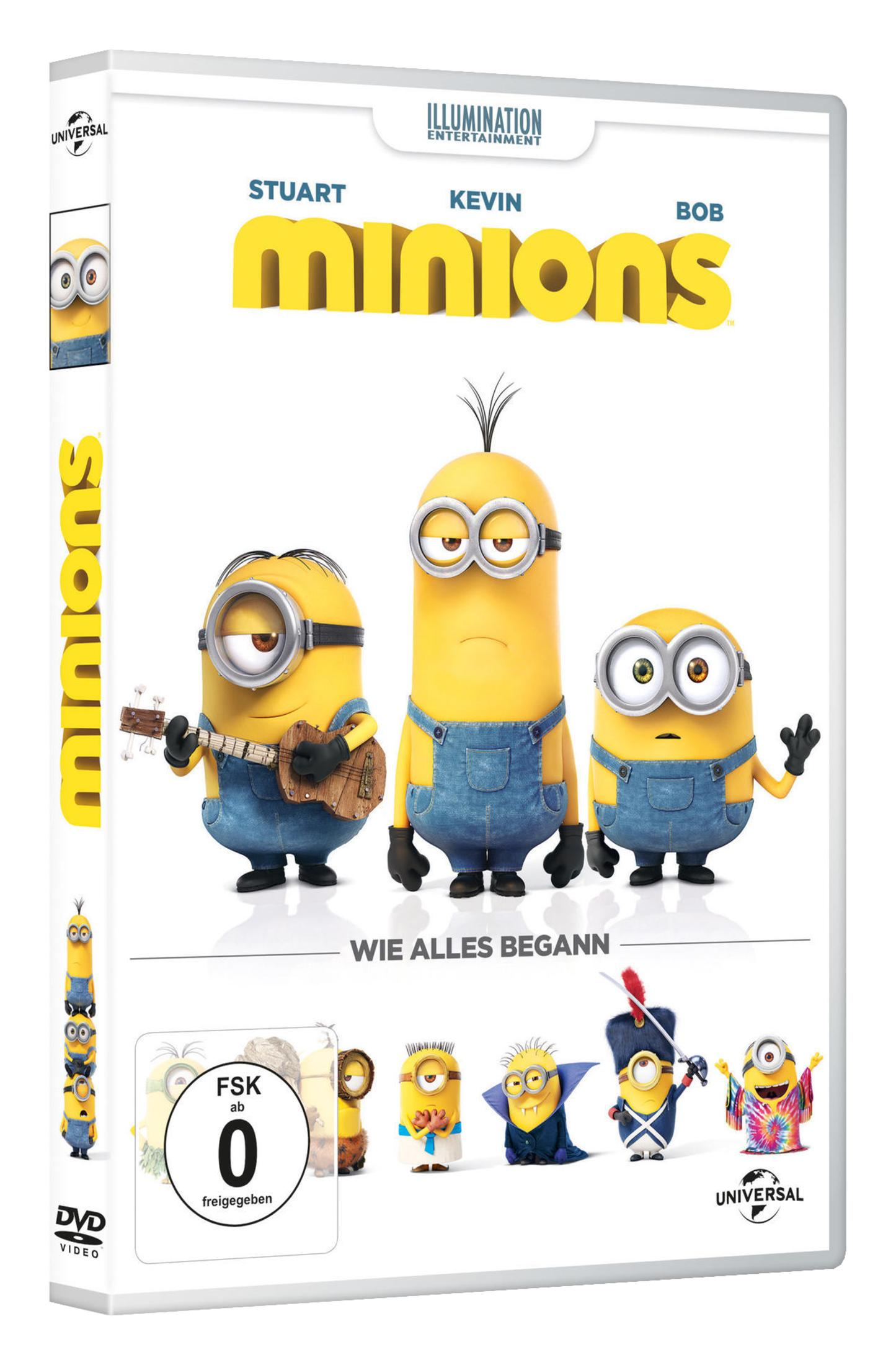DVD-Cover für 'Minions' mit drei Minions und dem Titel 'Wie Alles Begann'.