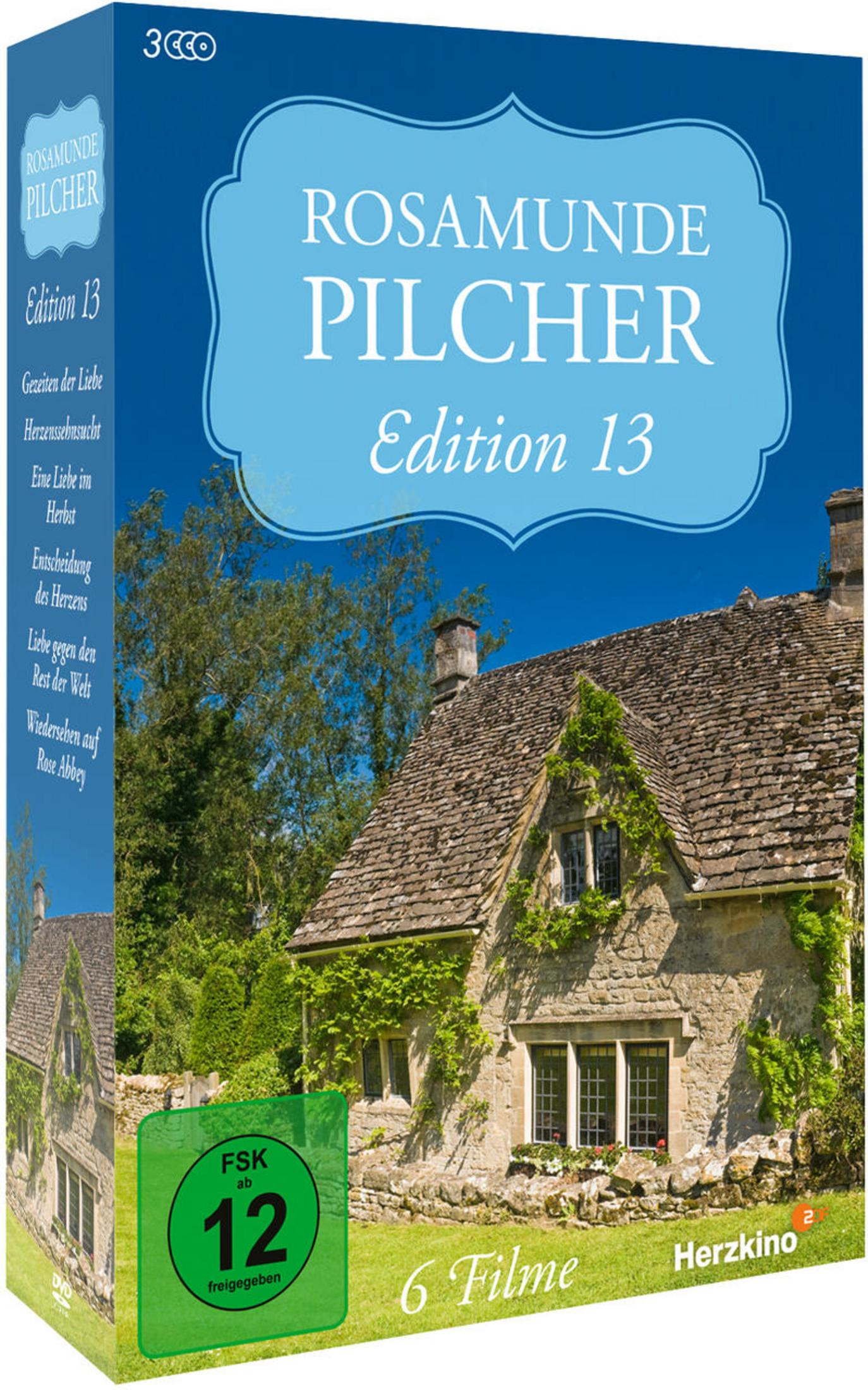 DVD-Hülle von Rosamunde Pilcher Edition 13 mit einem alten englischen Landhaus, grünem Rasen und Bäumen.