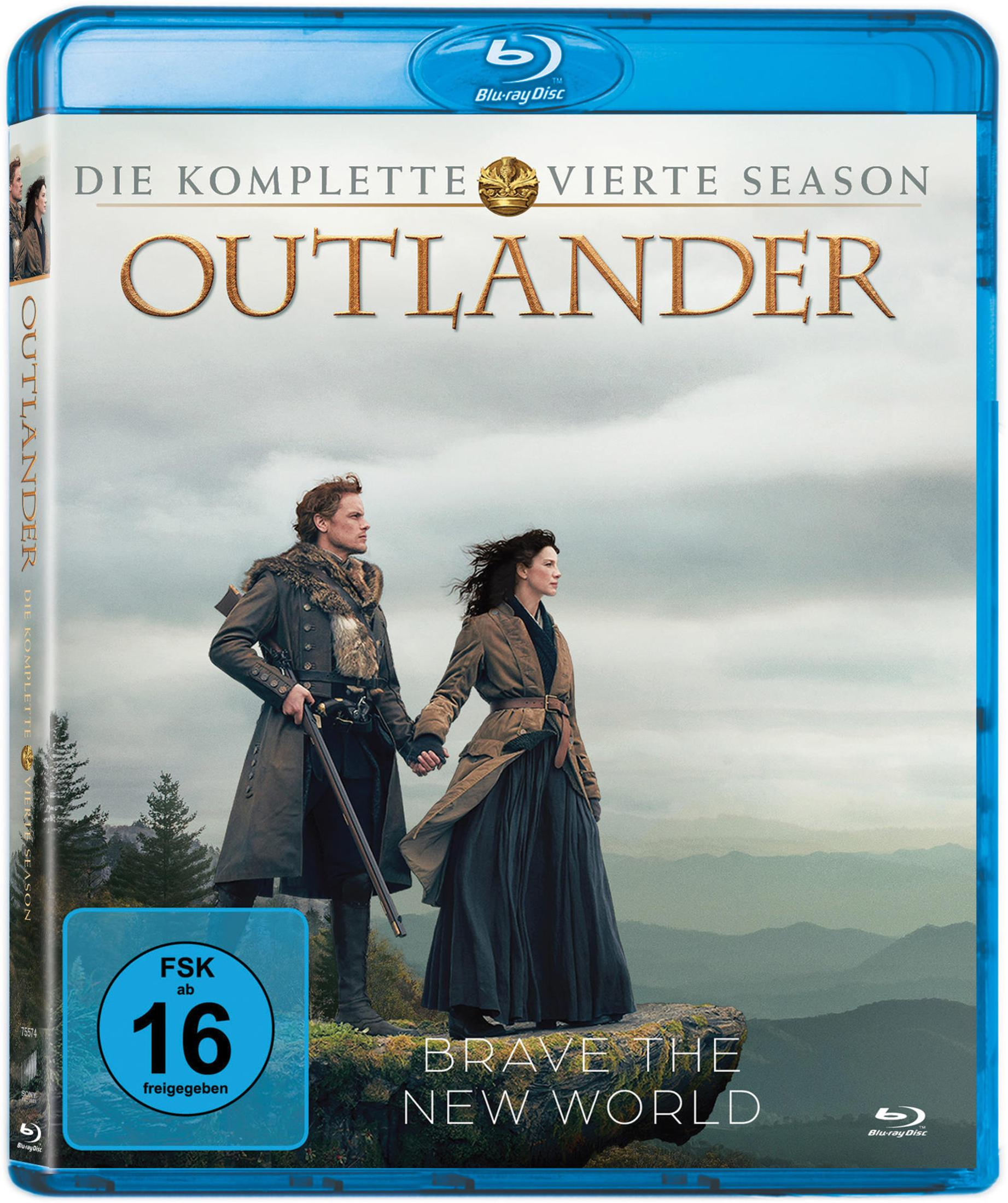 Blu-ray-Cover mit einem Paar, das sich auf einer Klippe an den Händen hält. Der Titel lautet 'Outlander: Brave the New World'.
