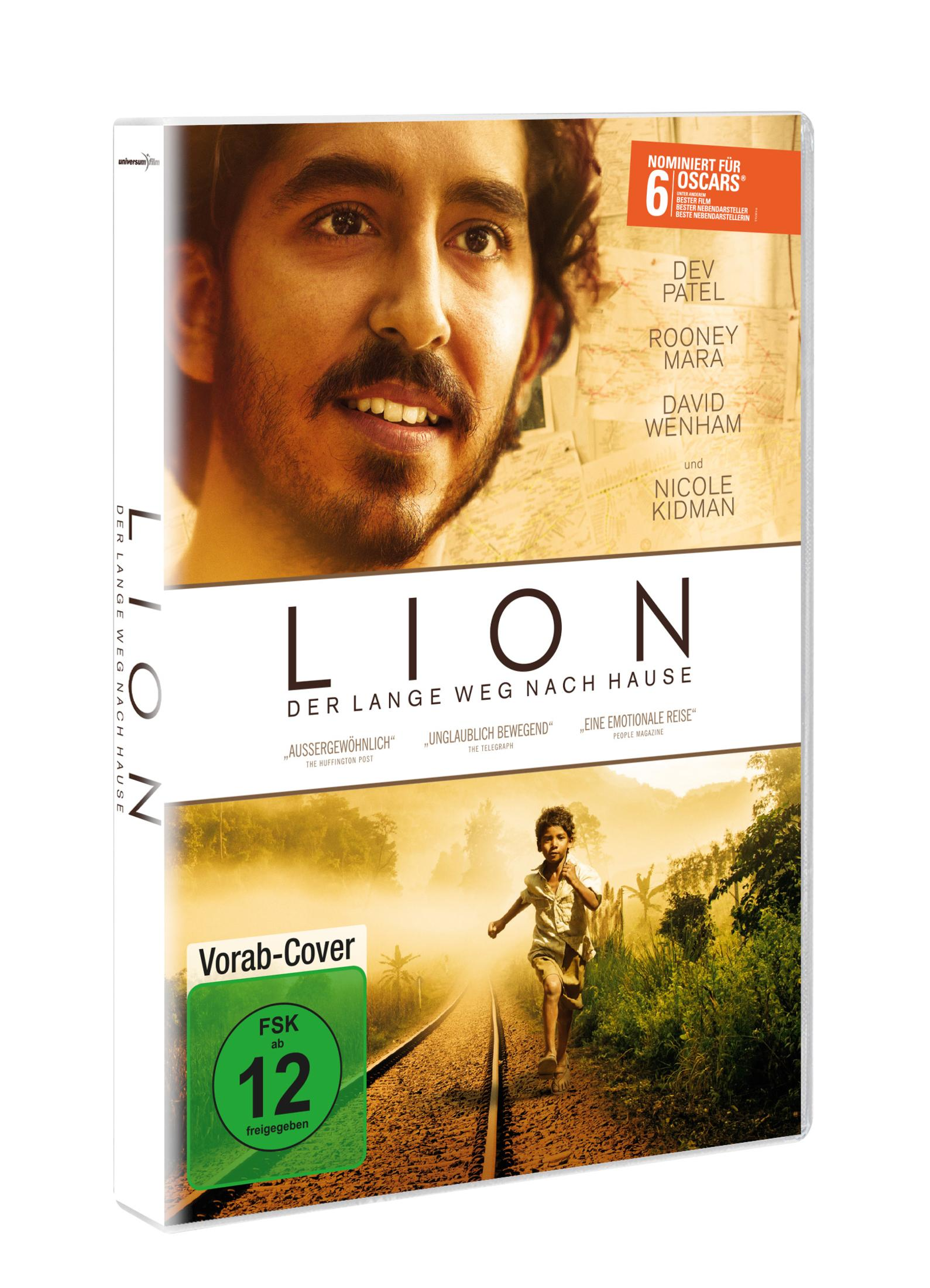 DVD-Cover des Films Lion mit Dev Patel oben und einem Jungen auf Bahngleisen unten.