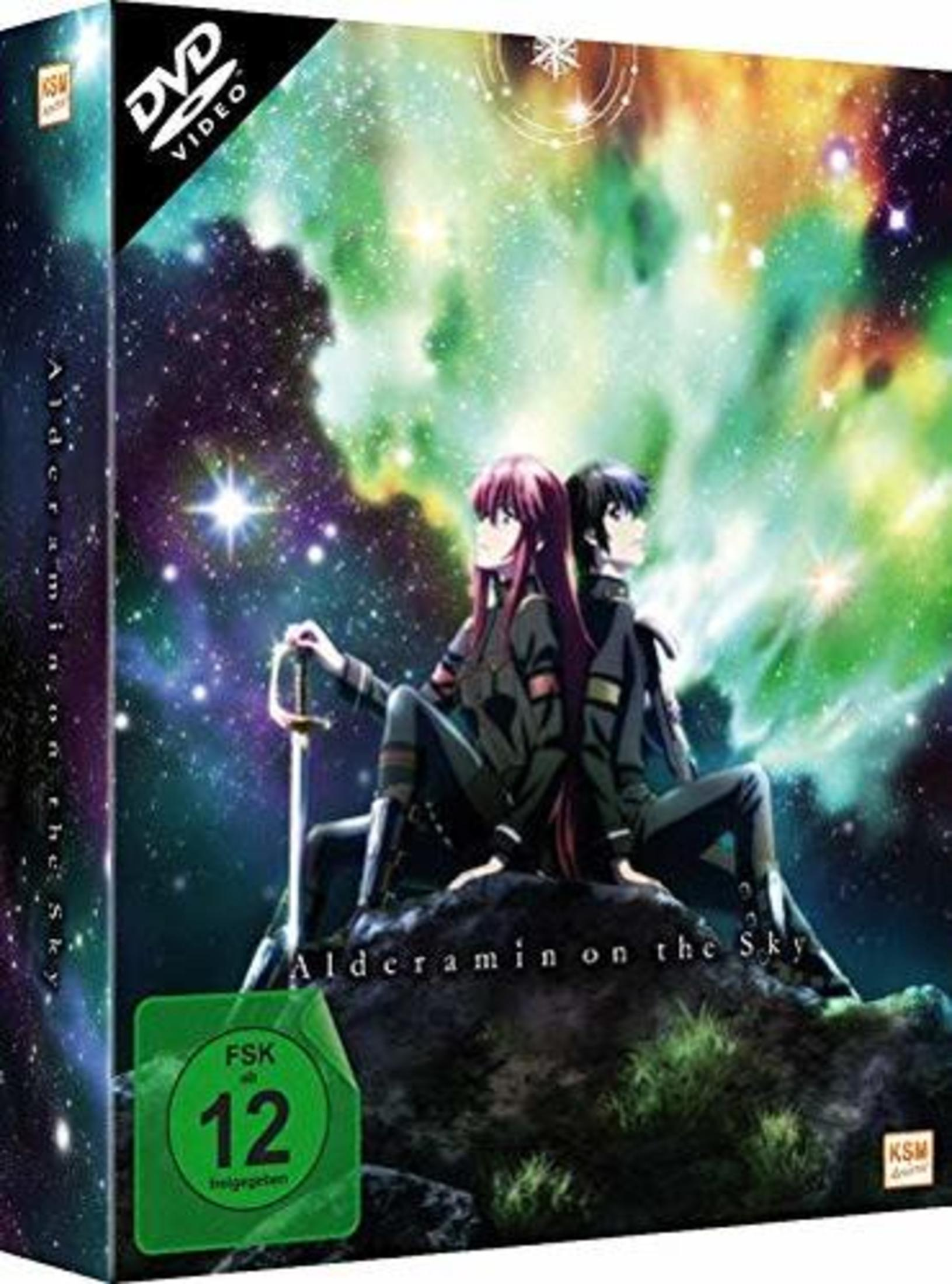DVD-Cover von 'Alderamin on the Sky' Anime mit zwei Charakteren in einem sternenklaren Weltraumhintergrund.