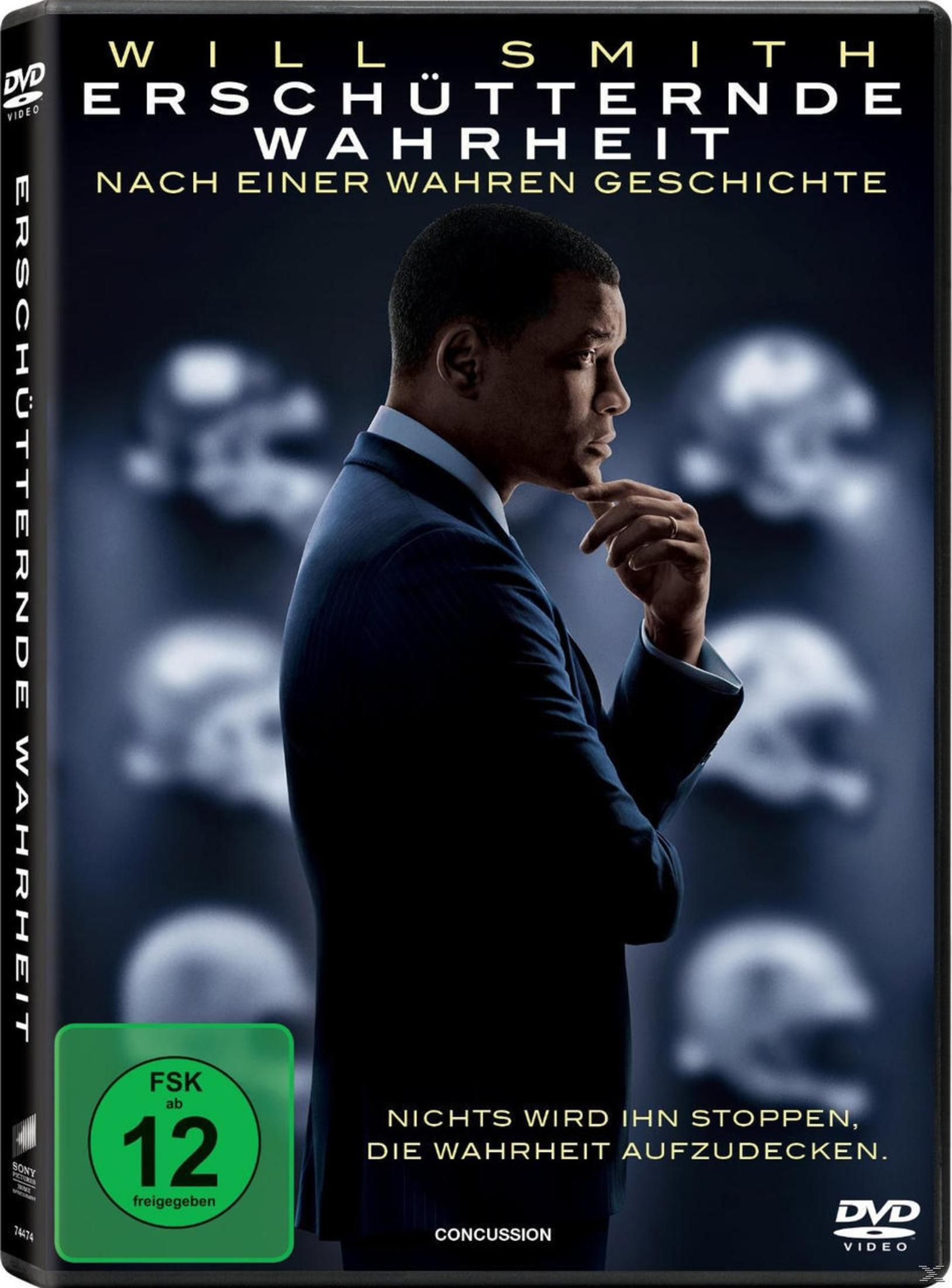DVD-Hülle von 'Erschütternde Wahrheit' mit Will Smith auf dem Cover und einem FSK 12-Aufkleber. Hintergrund zeigt verschwommene Gesichter.