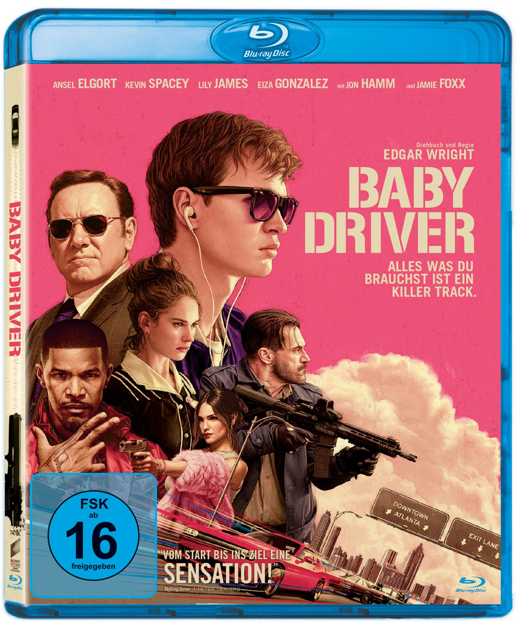 Couverture Blu-ray de 'Baby Driver', avec un groupe de personnes et des voitures.
