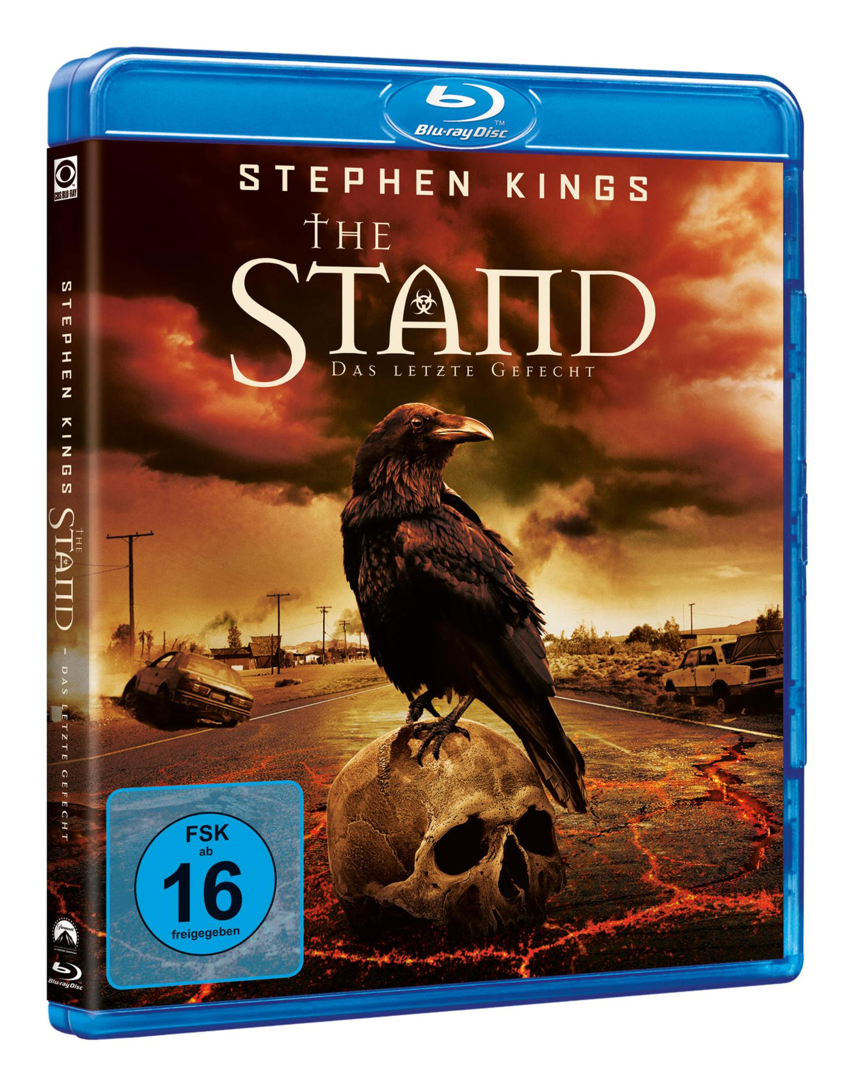 Blu-ray-Hülle für Stephen Kings The Stand mit Krähe auf Totenkopf vor einer rissigen Straße und apokalyptischem Hintergrund.