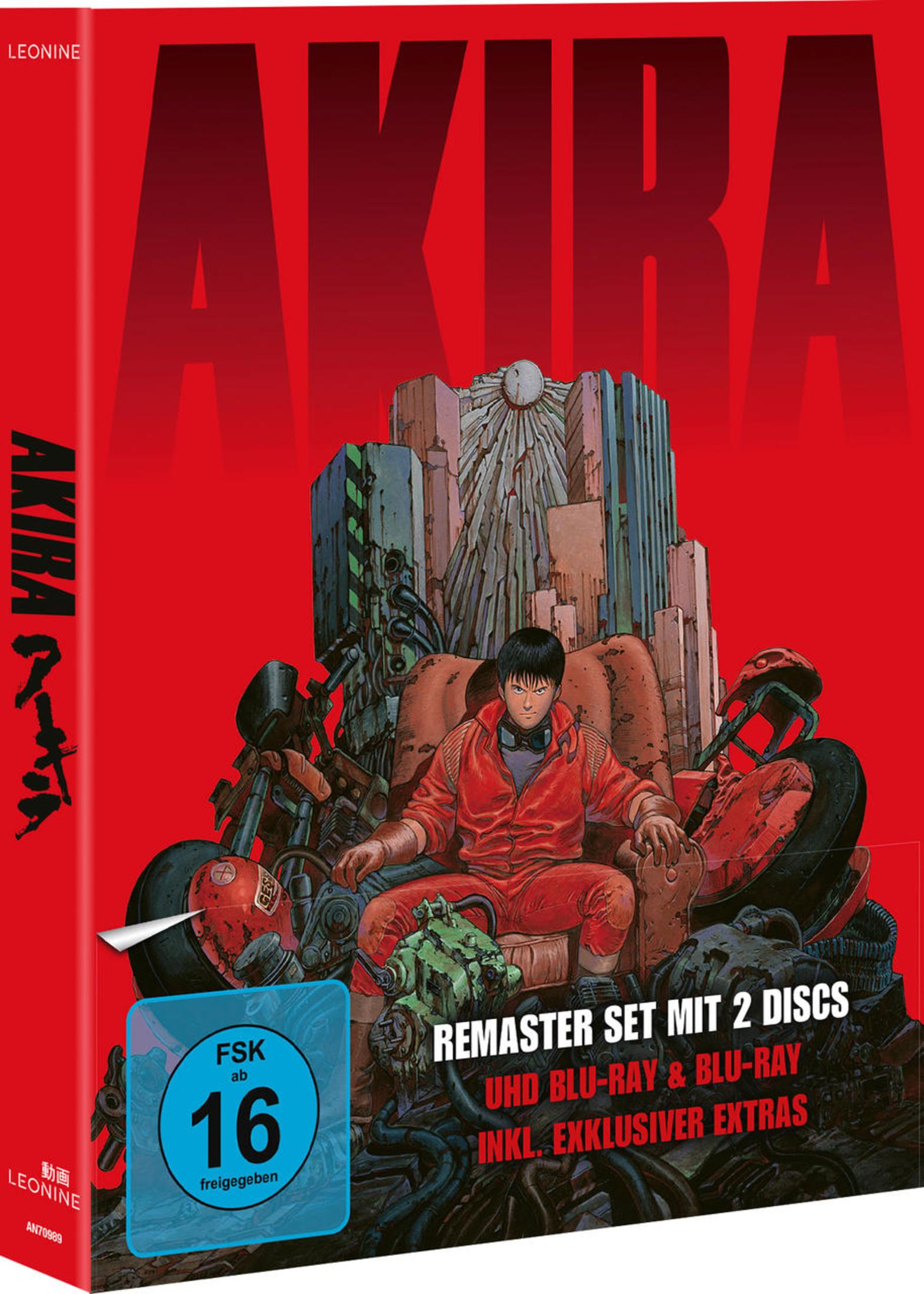 Akira Blu-ray-Cover mit einer Person auf einem Motorrad und einer großen Stadt im Hintergrund.