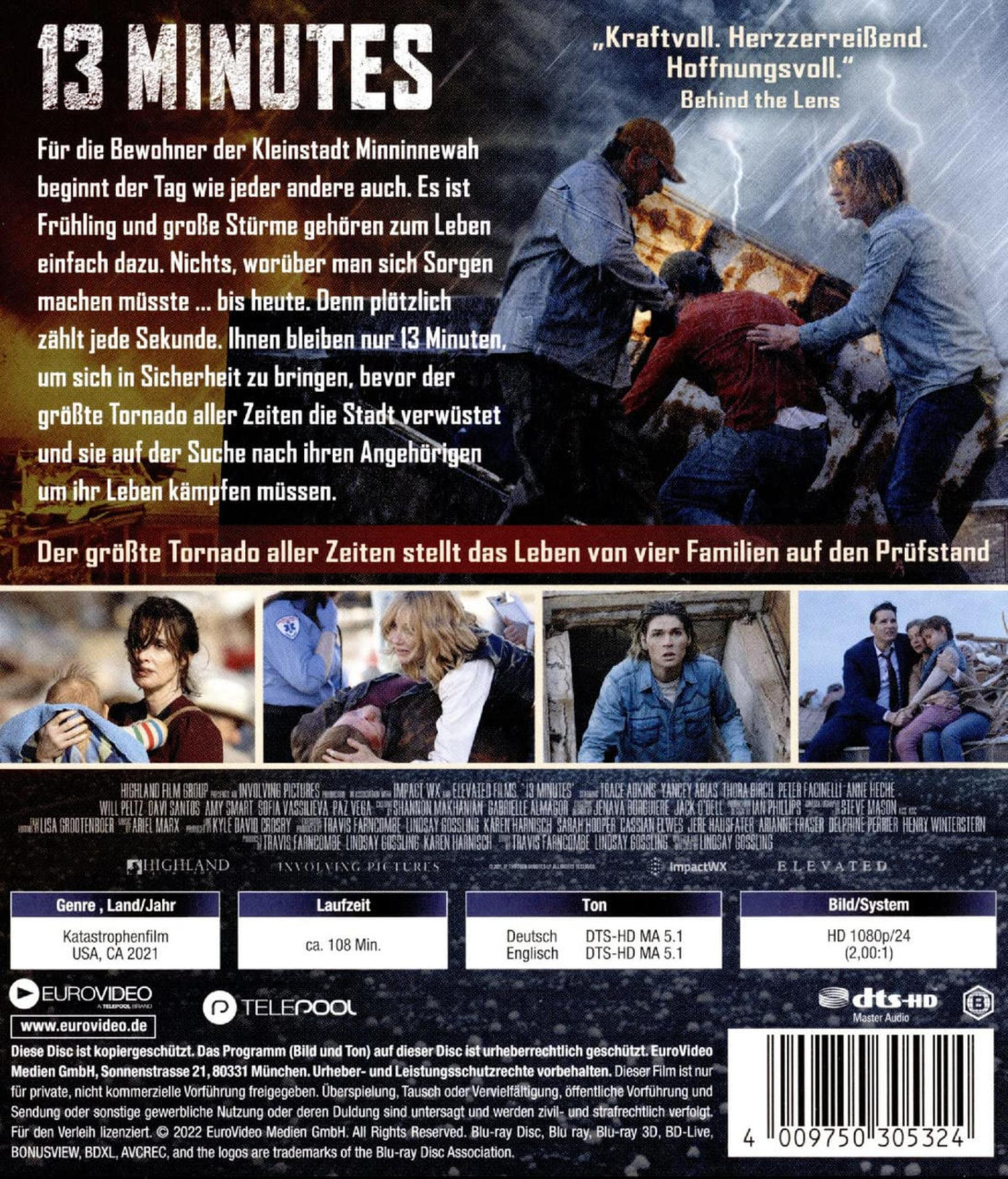 Filmposter von 13 Minutes zeigt Menschen in Panik vor einem Tornado, mit Text und Bildern.