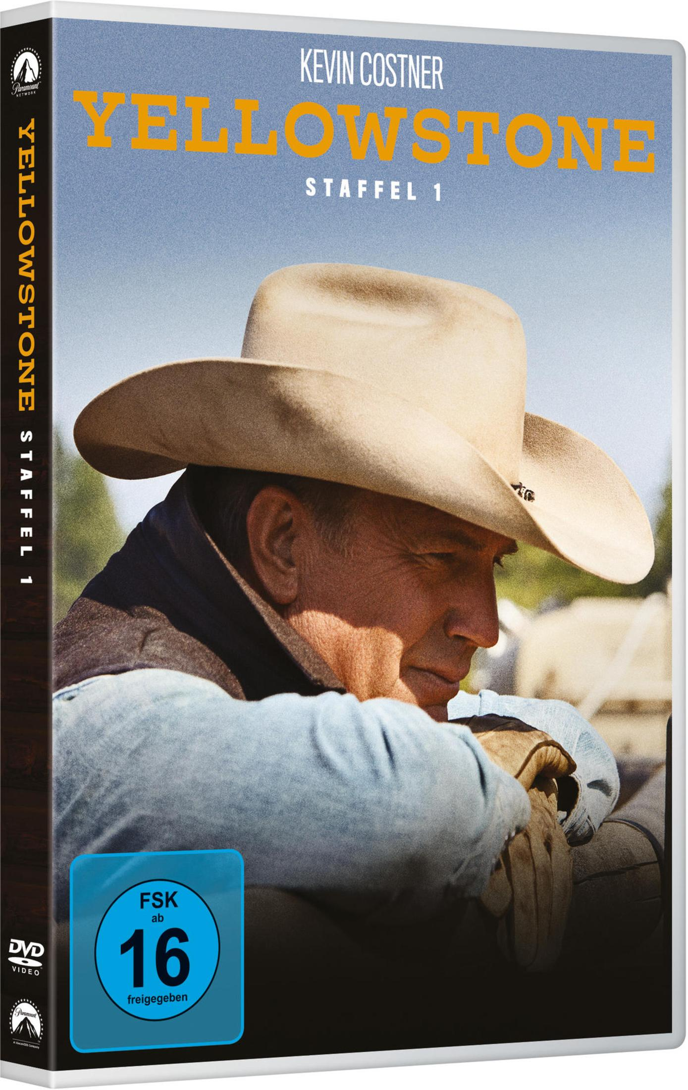 DVD-Cover von Yellowstone Staffel 1 mit Kevin Costner in einem Cowboyhut vor blauem Himmel.