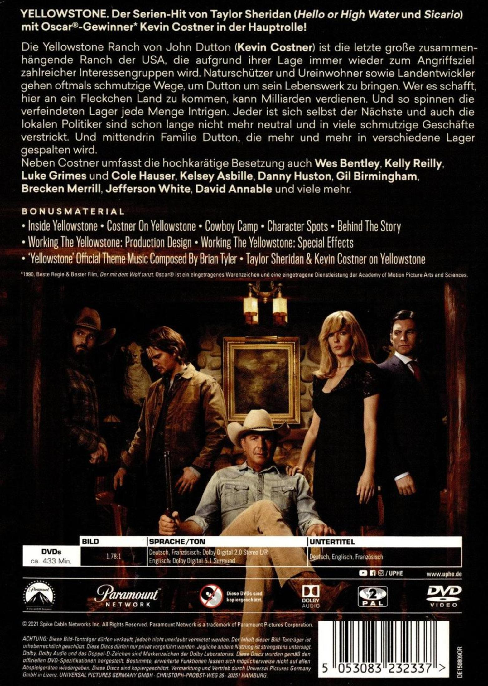 Rückseite einer Yellowstone DVD-Hülle mit Cast-Foto, Beschreibung und technischen Details.