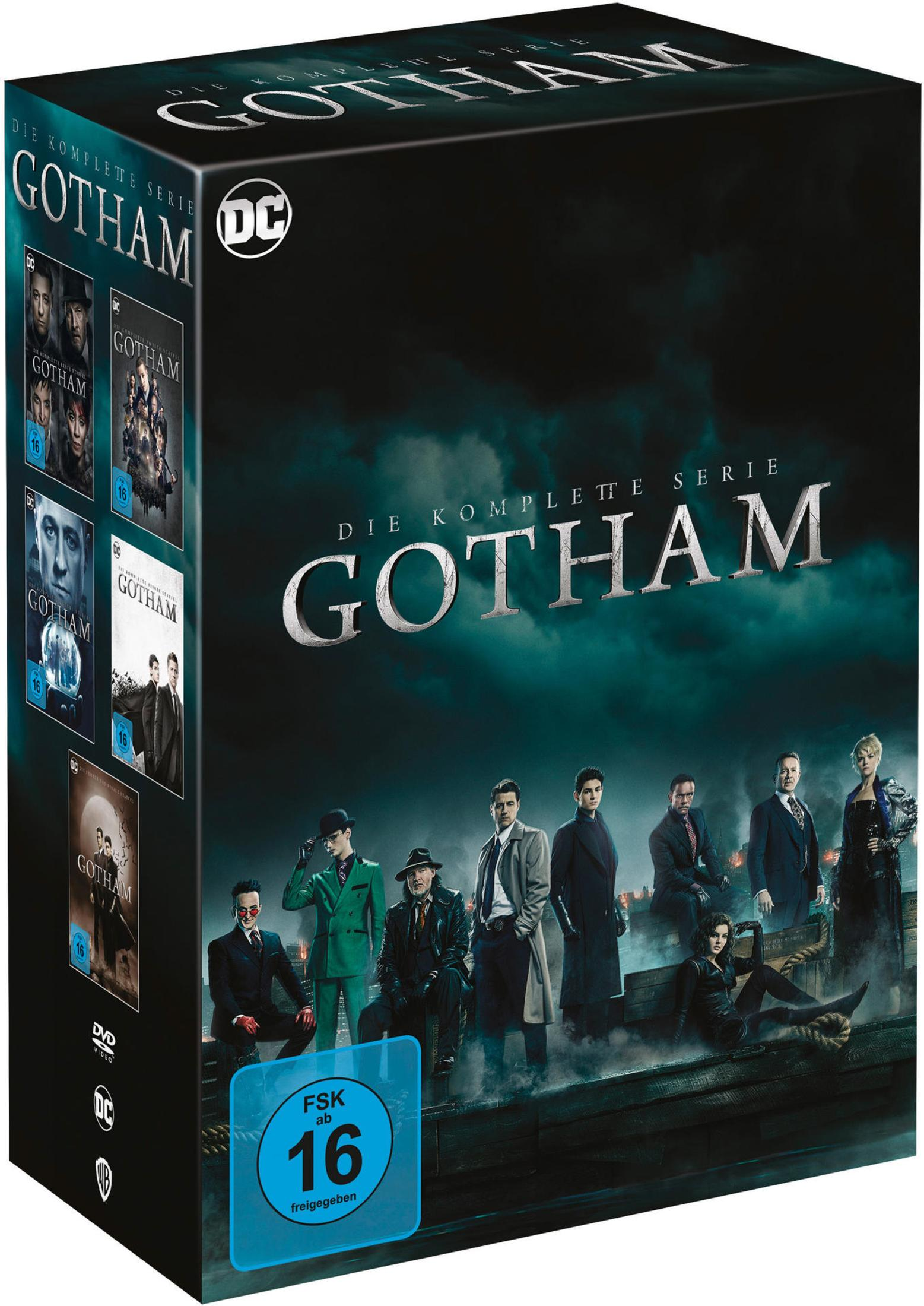 DVD-Box der Serie Gotham mit Charakteren vor dunkler Skyline und FSK-16-Logo.