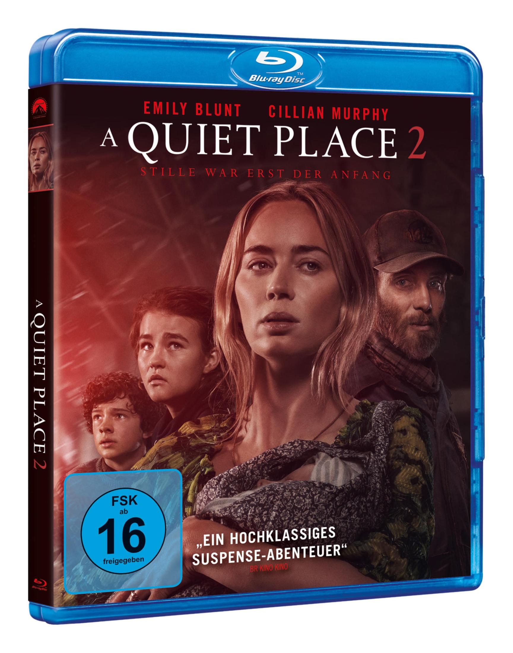 Blu-ray-Hülle von A Quiet Place 2 mit Emily Blunt und Darstellern vor rotem Hintergrund.