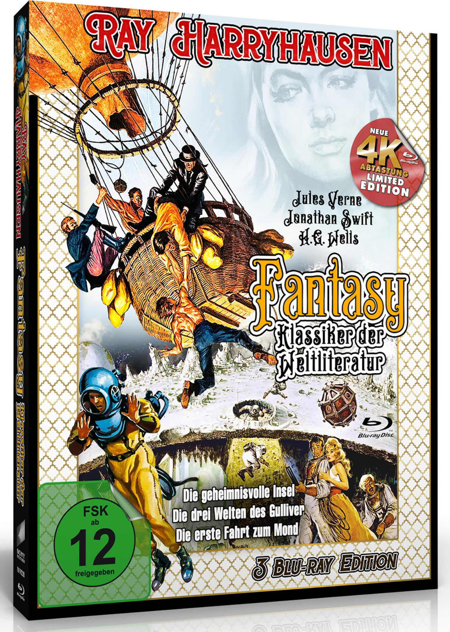 Couverture de film Blu-ray. Des gens en montgolfière et d'autres scènes. Thème fantastique. Coloré.