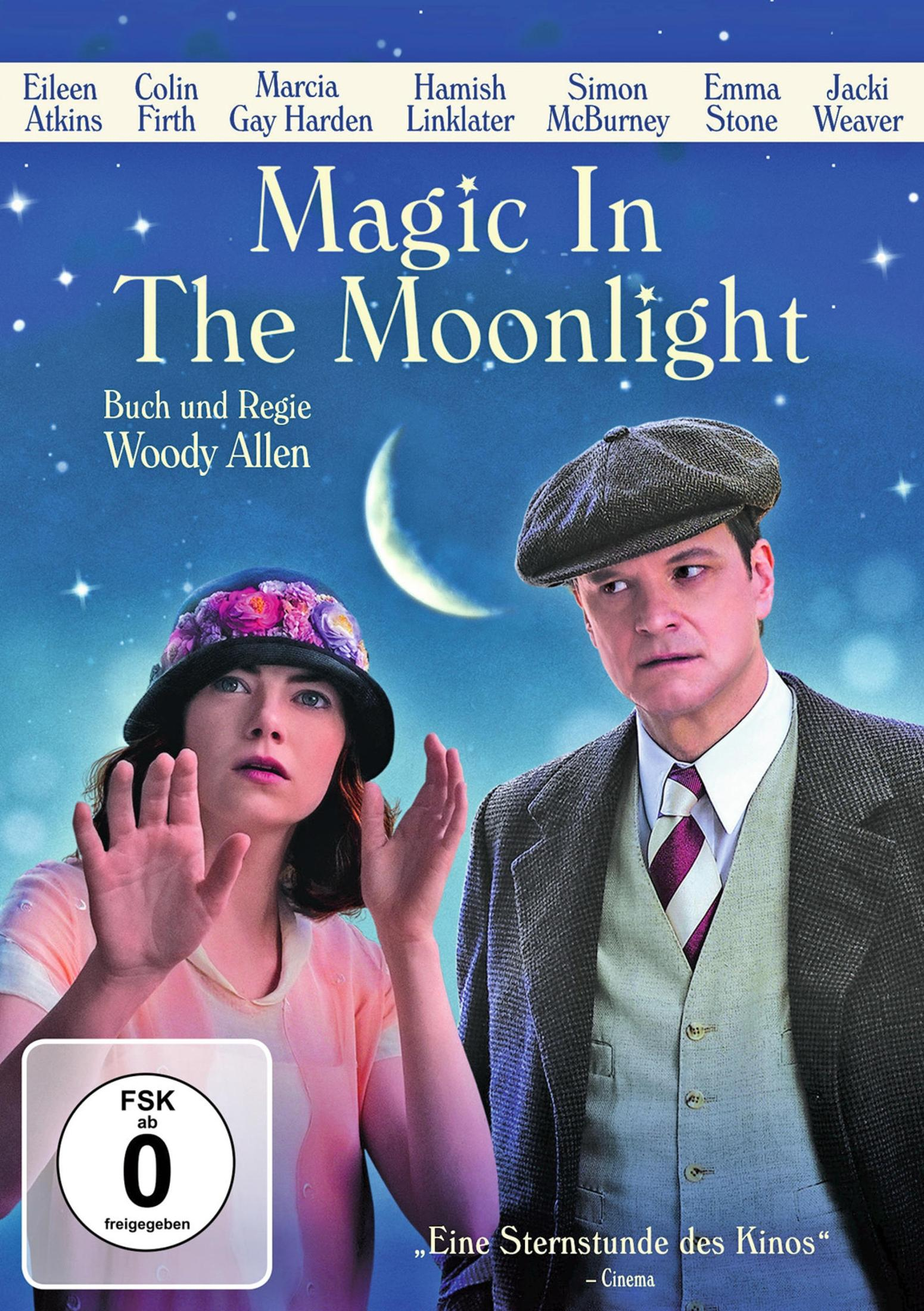 Filmposter mit einem Mann und einer Frau. Der Titel lautet "Magic in the Moonlight".
