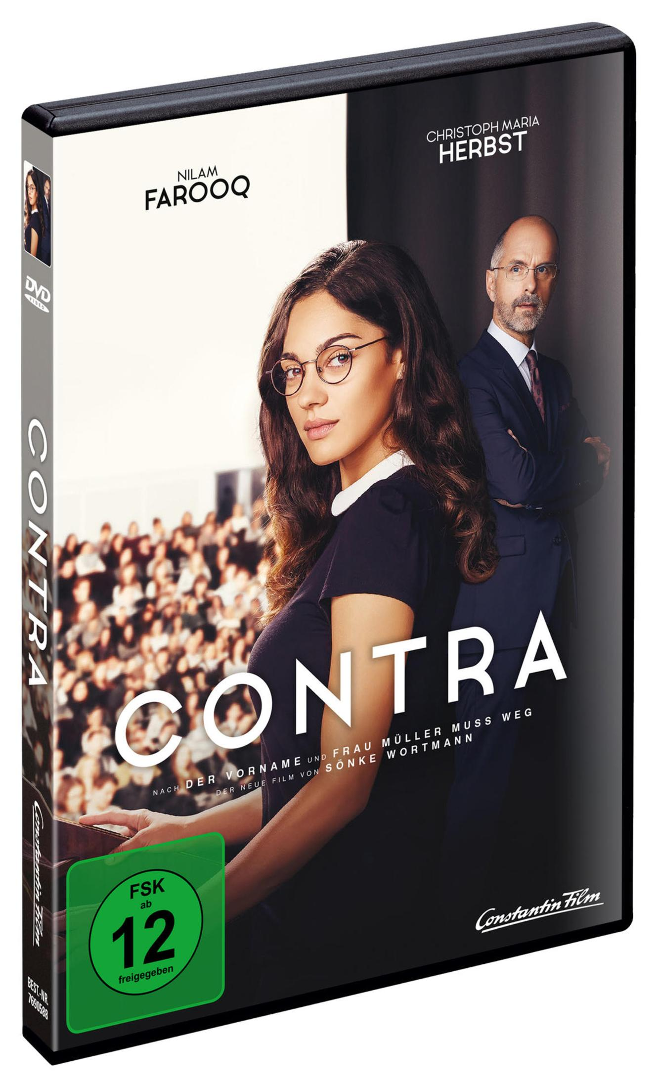 DVD-Cover des Films Contra mit Nilam Farooq und Christoph Maria Herbst vor einem Hörsaal.
