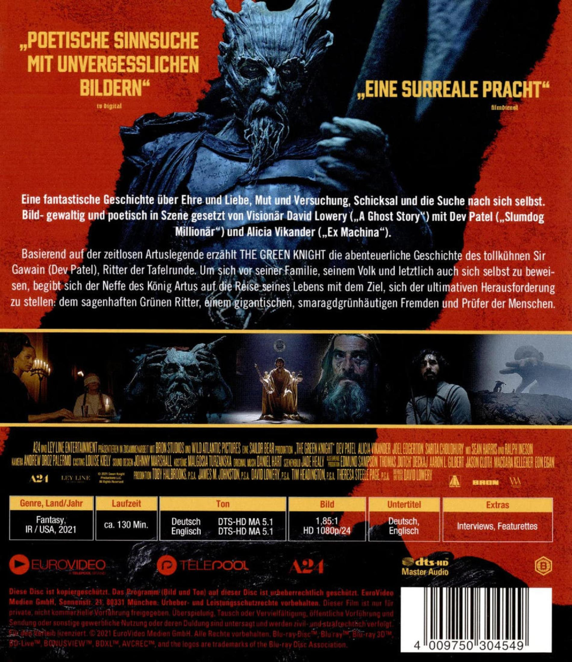 DVD-Rückseite des Films The Green Knight mit Text, Bildern und technischen Details auf rotem Hintergrund.