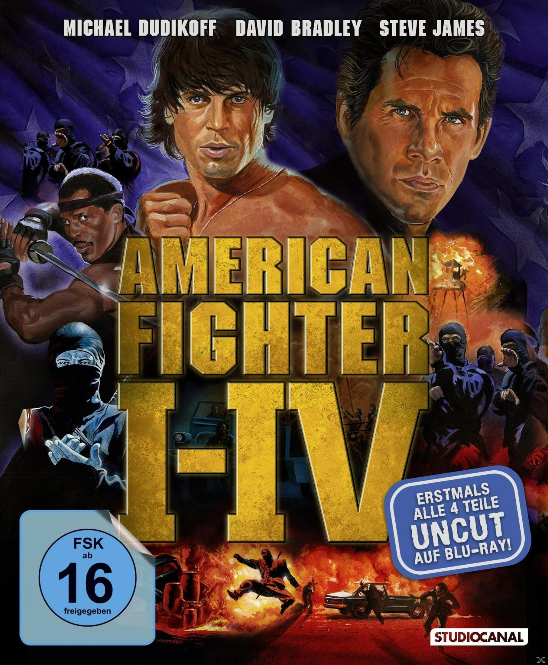 Filmposter mit Schauspielern, Ninjas und Explosionen. "American Fighter IV" Titel.